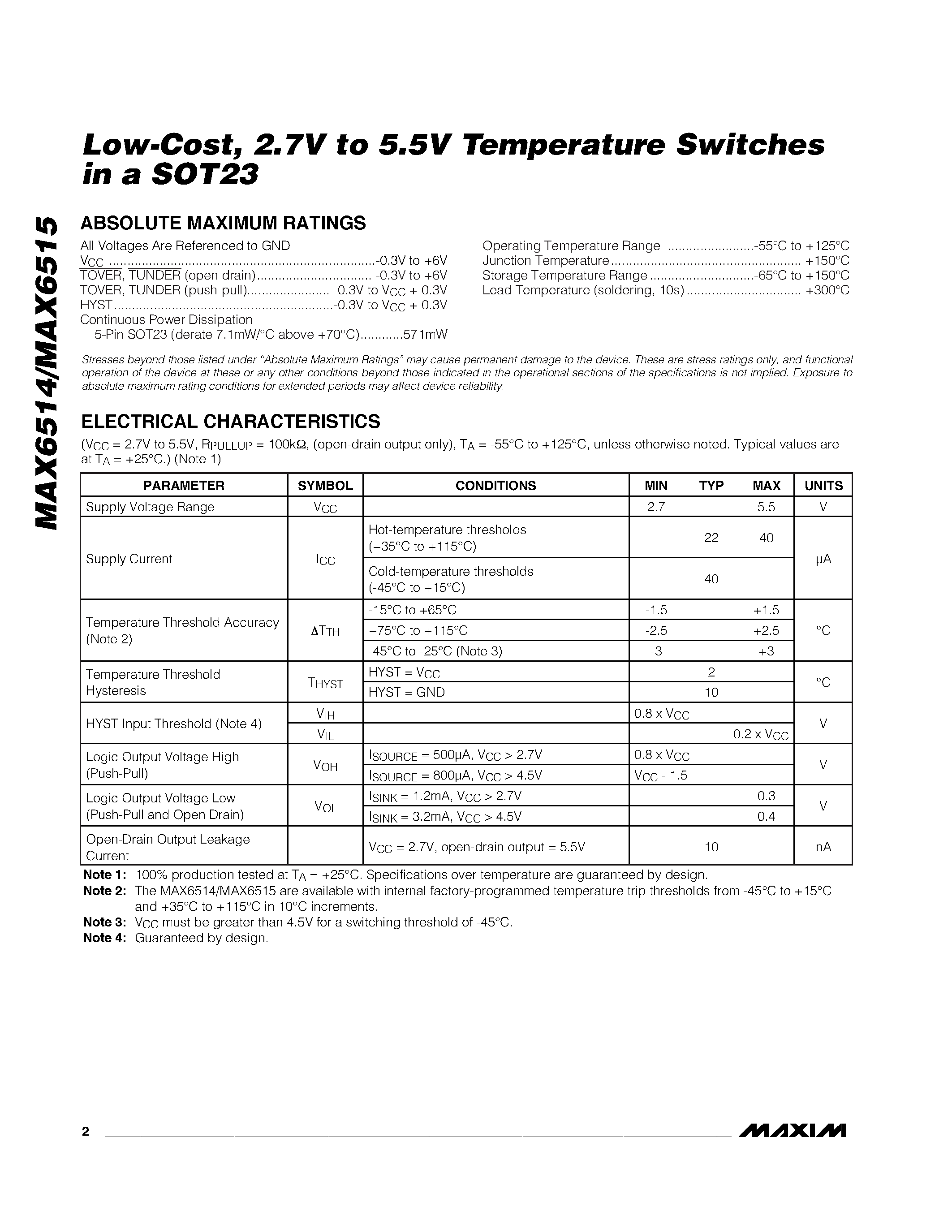 Даташит на микросхему MAX6514 страница 2 Даташит MAX6514 - (MAX6514 / MAX6515) Temperature Switches страница 2