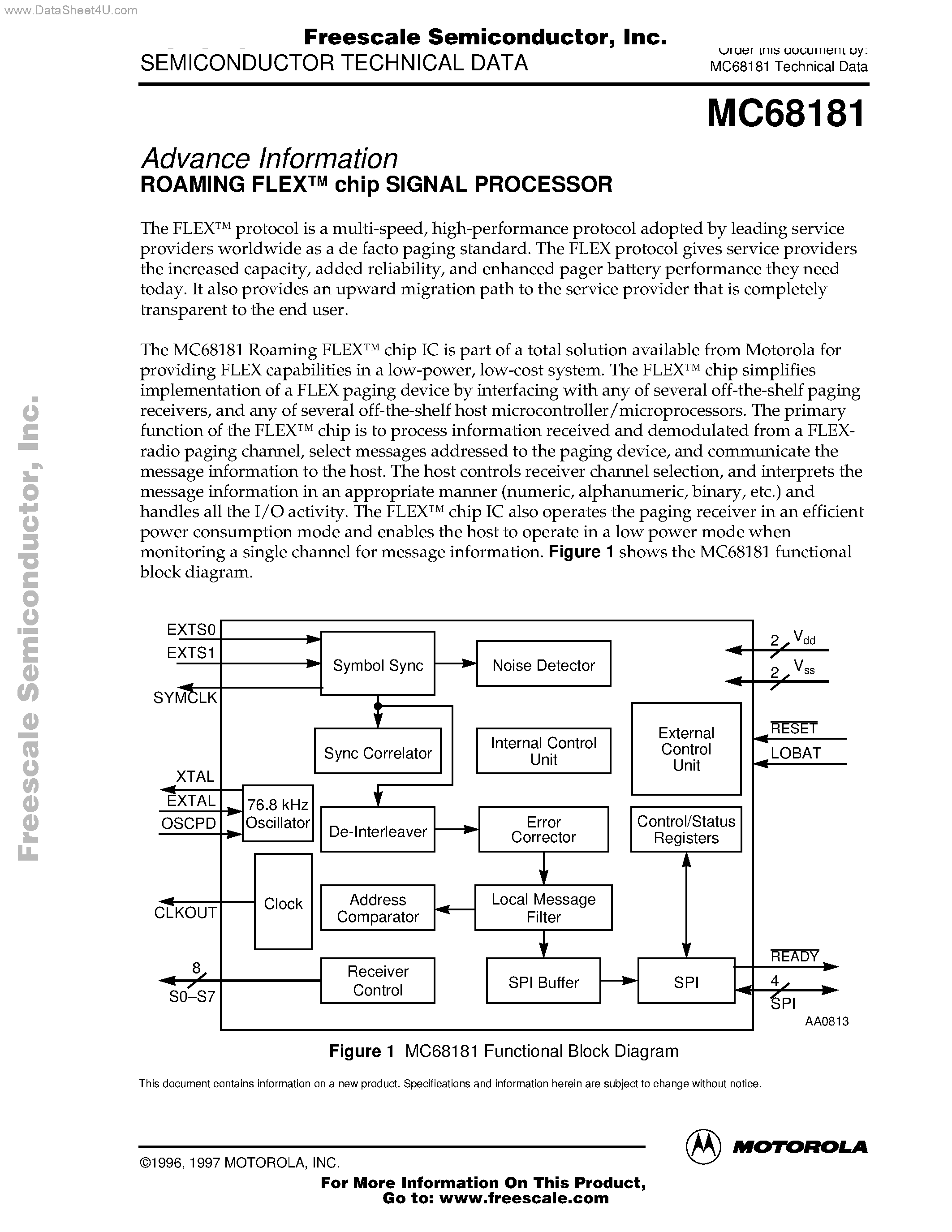 Datasheet MC68181 page 1 Datasheet MC68181 - Advance Information ROAMING FLEX chip SIGNAL PROCESSOR page 1