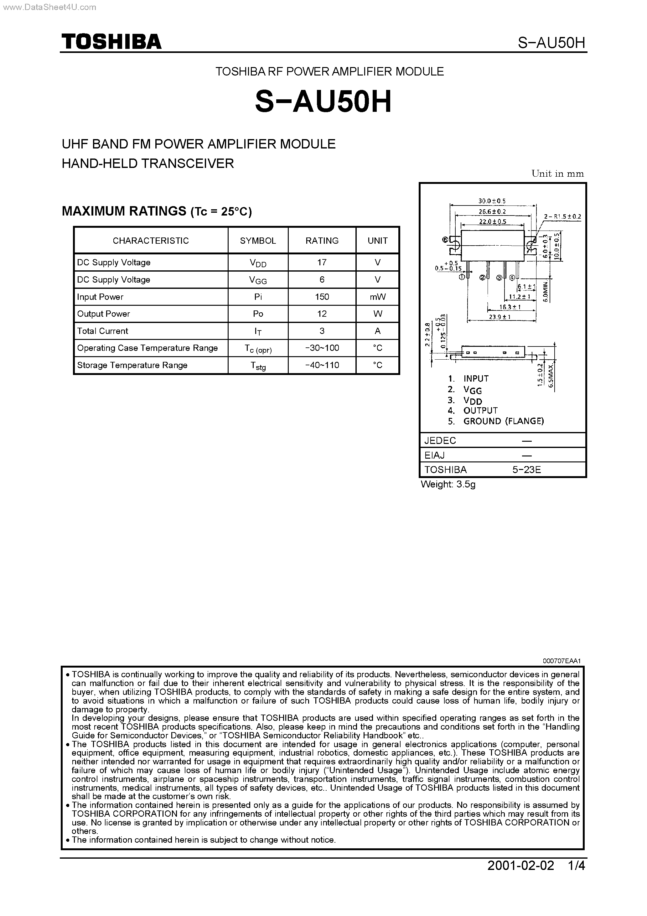 Datasheet S-AU50H - UHF BAND FM POWER AMPLIFIER MODULE HAND-HELD TRANSCEIVER page 1