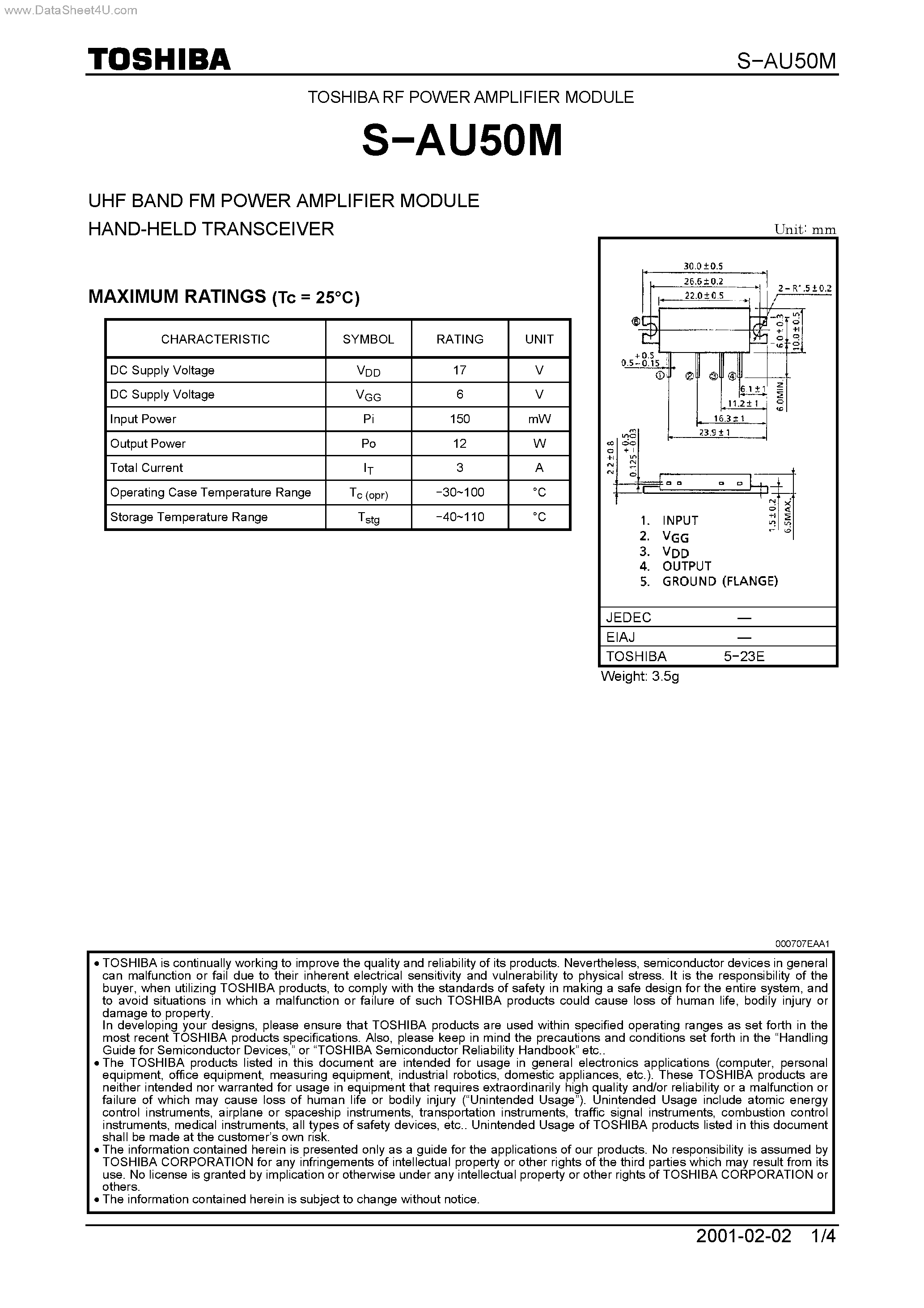 Datasheet S-AU50M page 1 Datasheet S-AU50M - TOSHIBA RF POWER AMPLIFIER MODULE page 1