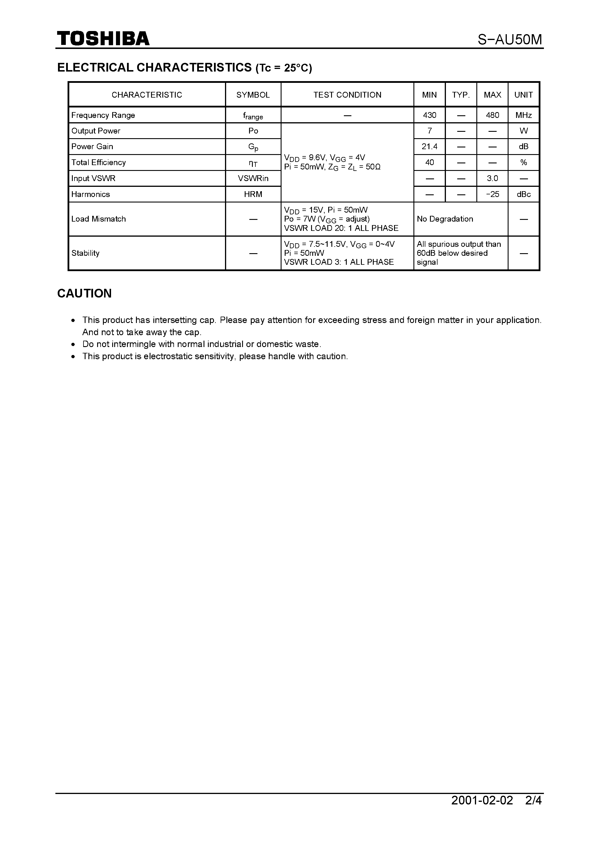 Datasheet S-AU50M page 2 Datasheet S-AU50M - TOSHIBA RF POWER AMPLIFIER MODULE page 2