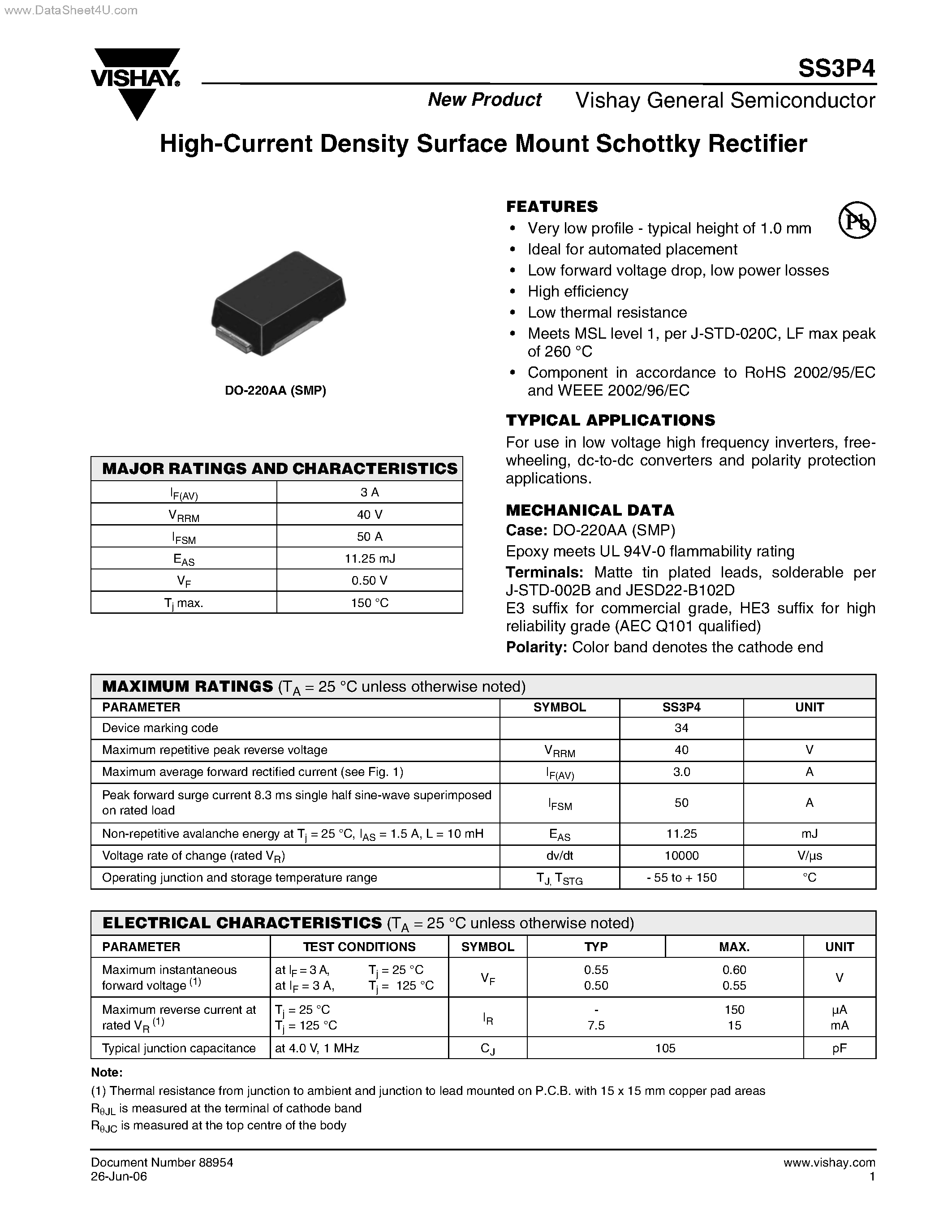 Datasheet SS3P4 - High-Current Density Surface Mount Schottky Rectifier page 1
