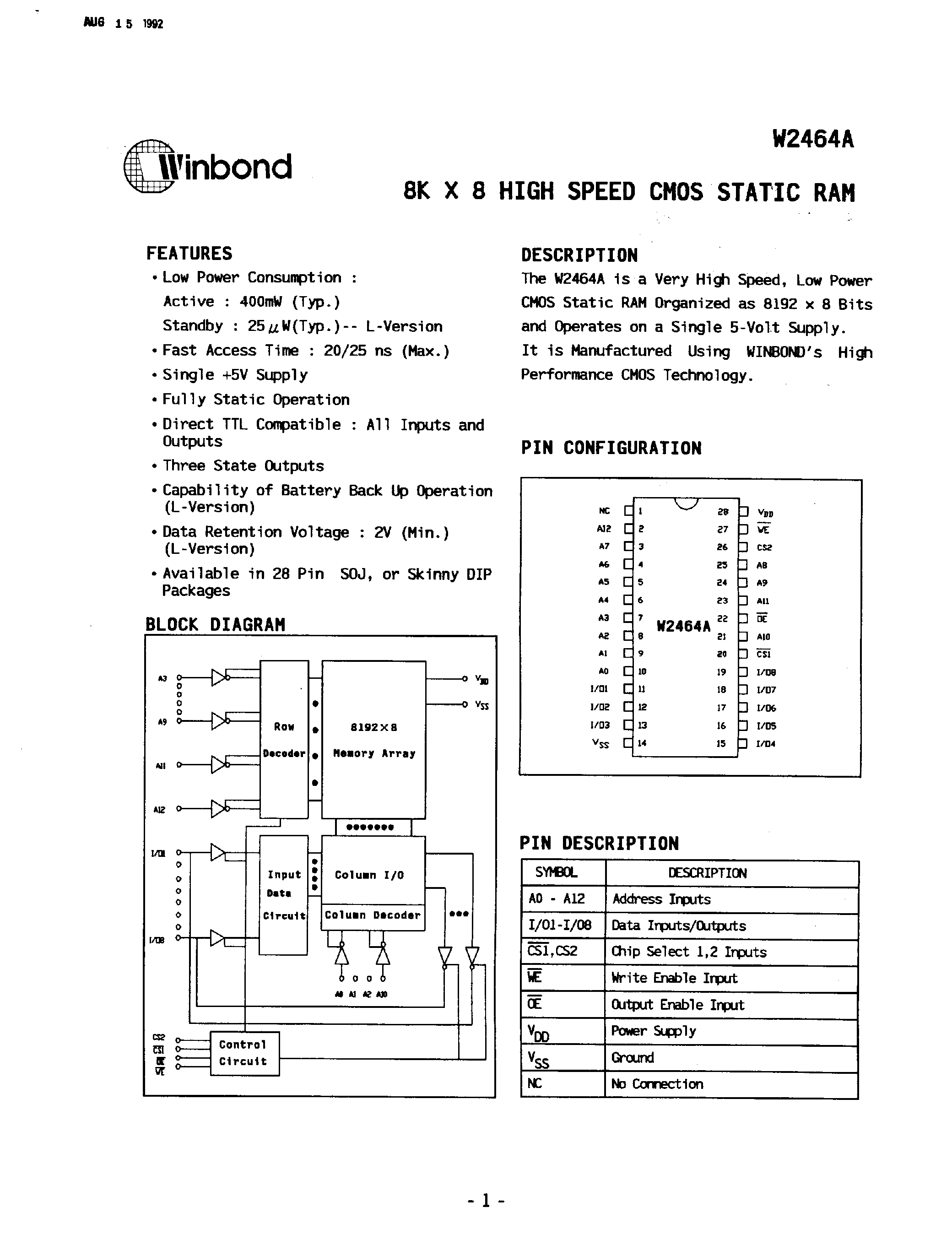 Datasheet W2464A - HIGH SPEED CMOS STATIC RAM page 1