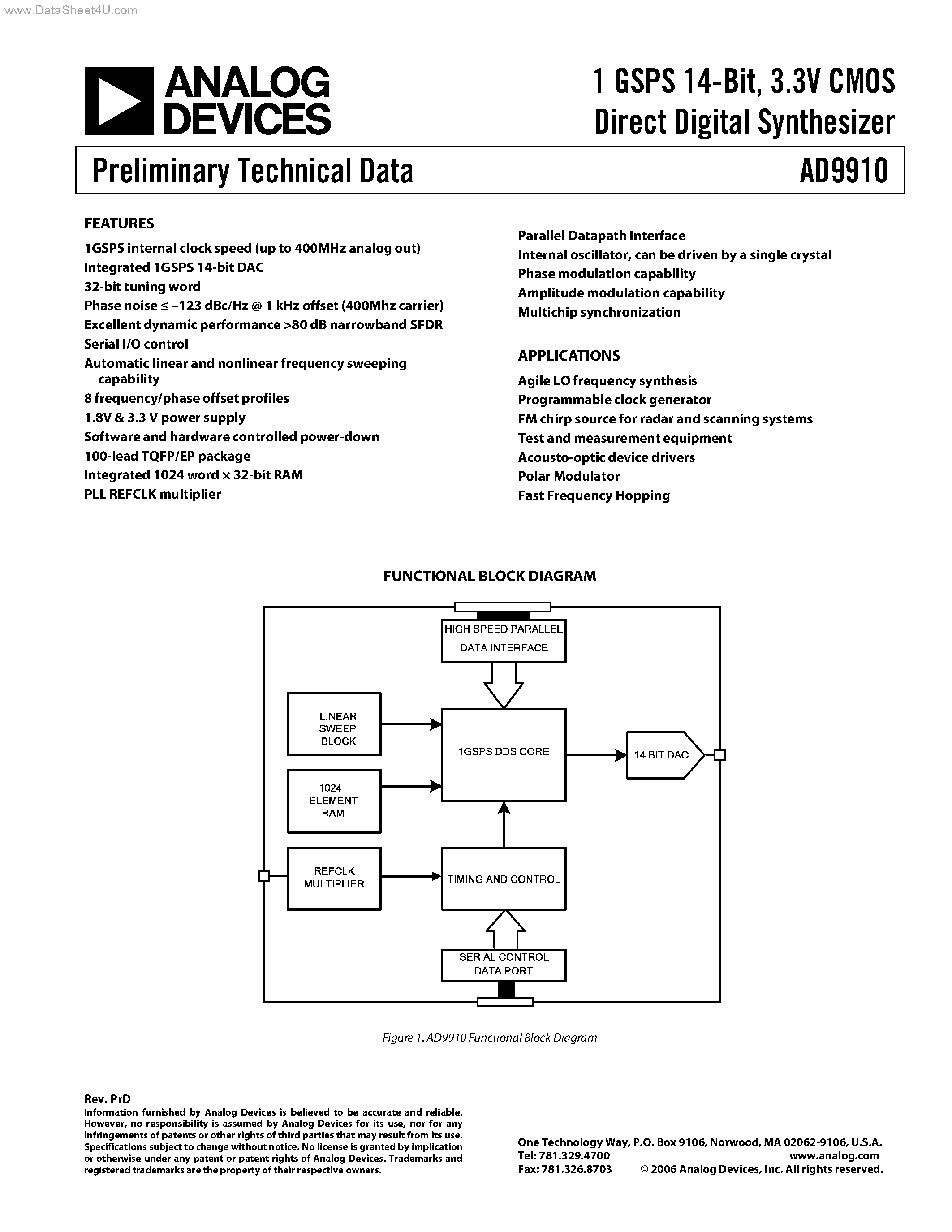 Datasheet AD9910 page 1 Datasheet AD9910 - 3.3V CMOS Direct Digital Synthesizer page 1