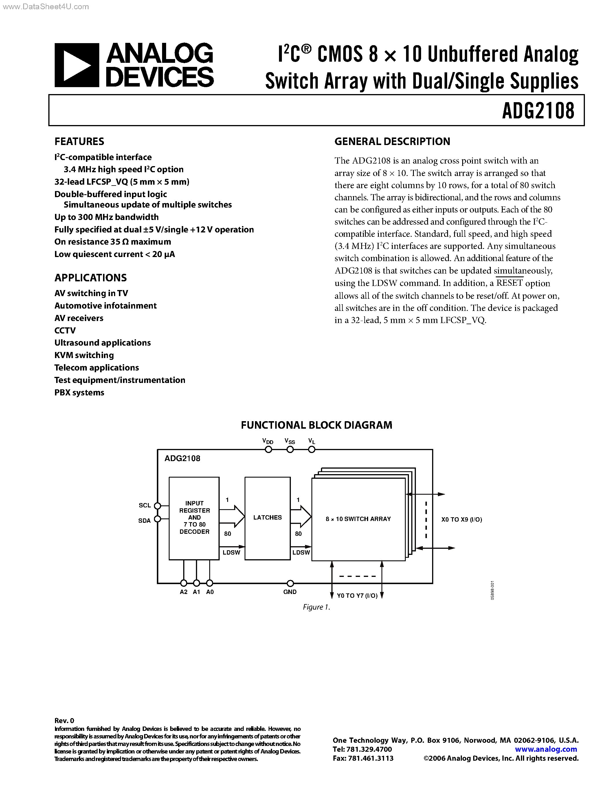 Datasheet ADG2108 - I2C CMOS 8 x 10 Unbuffered Analog Switch Array page 1