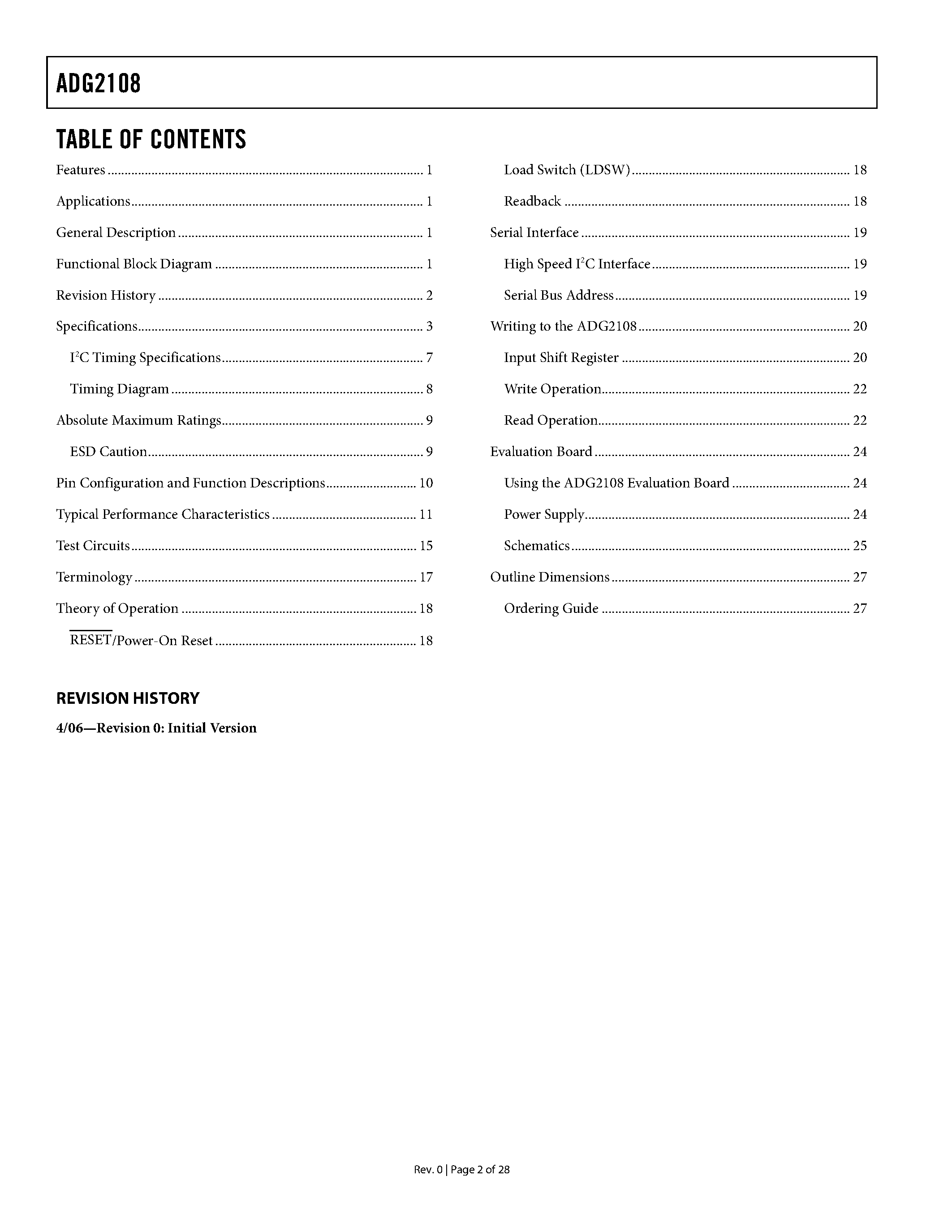 Datasheet ADG2108 - I2C CMOS 8 x 10 Unbuffered Analog Switch Array page 2