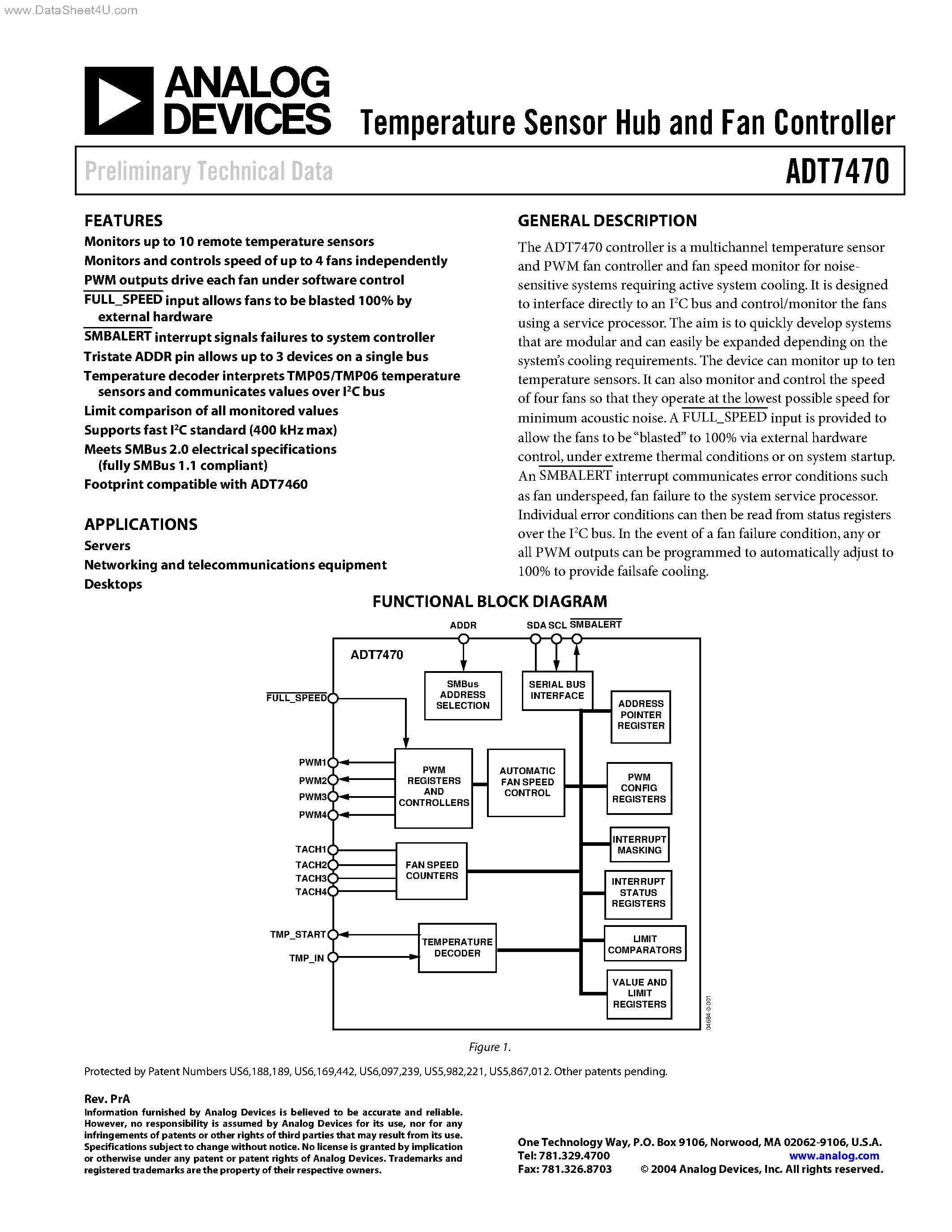 Datasheet ADT7470 - Temperature Sensor Hub and Fan Controller page 1