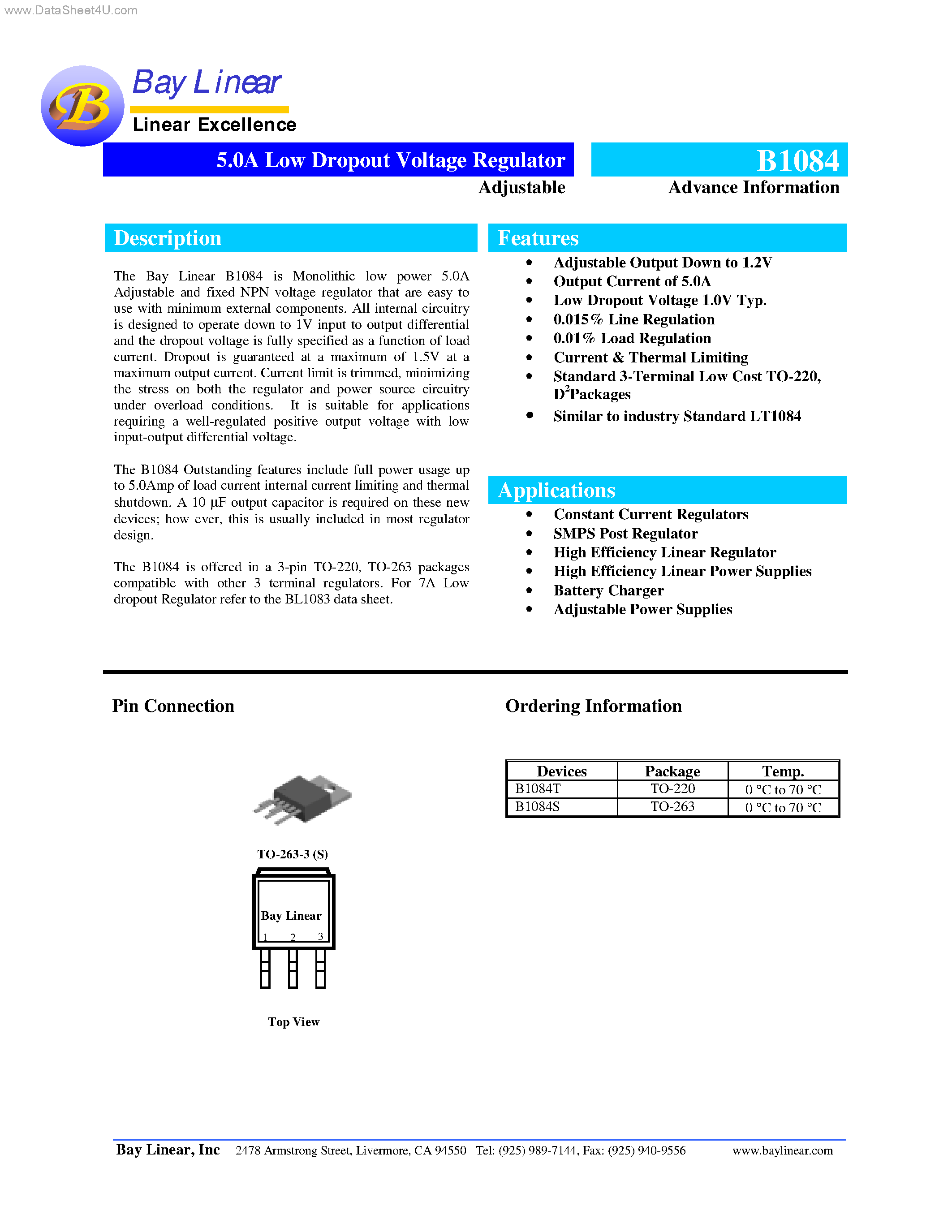Datasheet B1084 - 5.0A Low Dropout Voltage Regulator page 1
