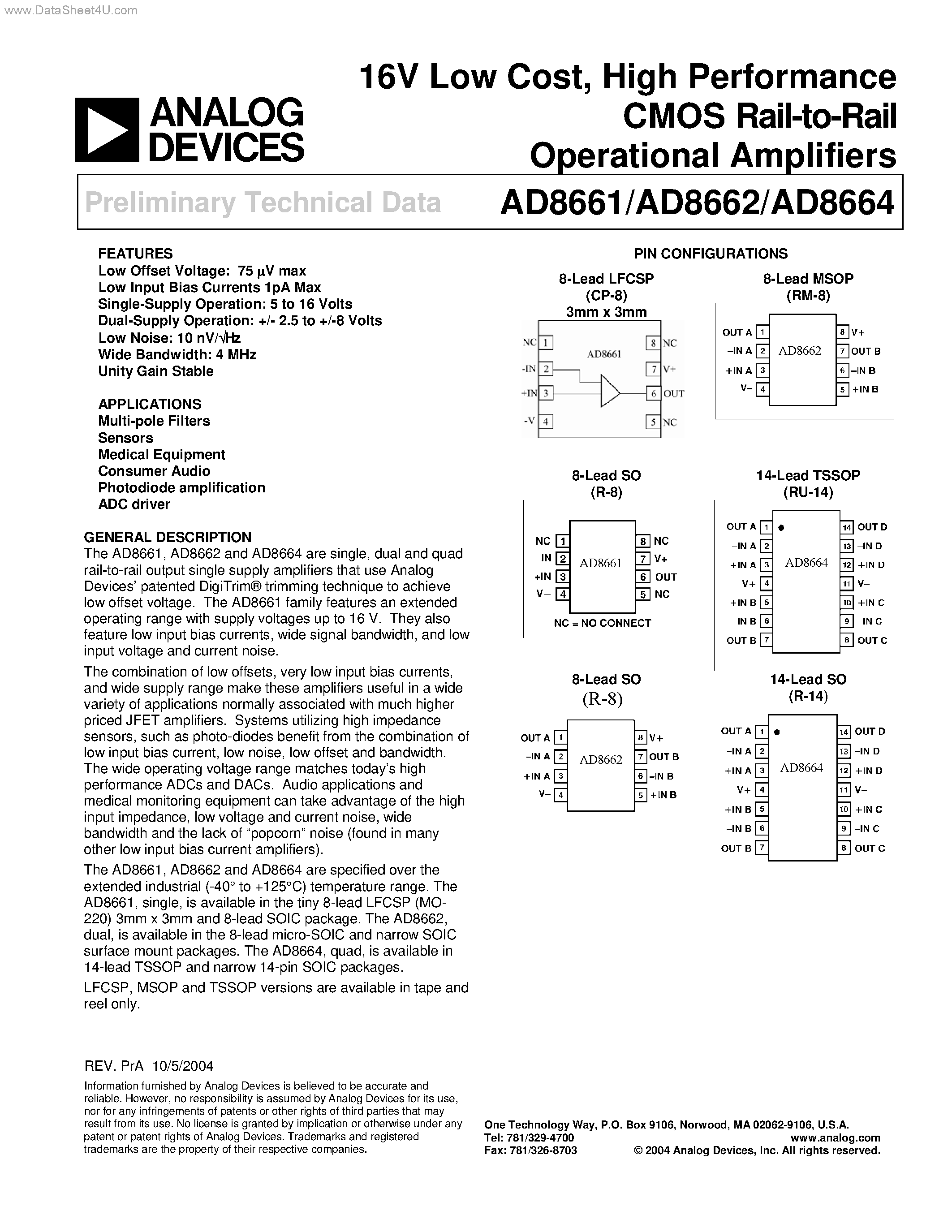 Даташит AD8661 - (AD8661 - AD8664) High Performance CMOS Rail-to-Rail Operational Amplifiers страница 1