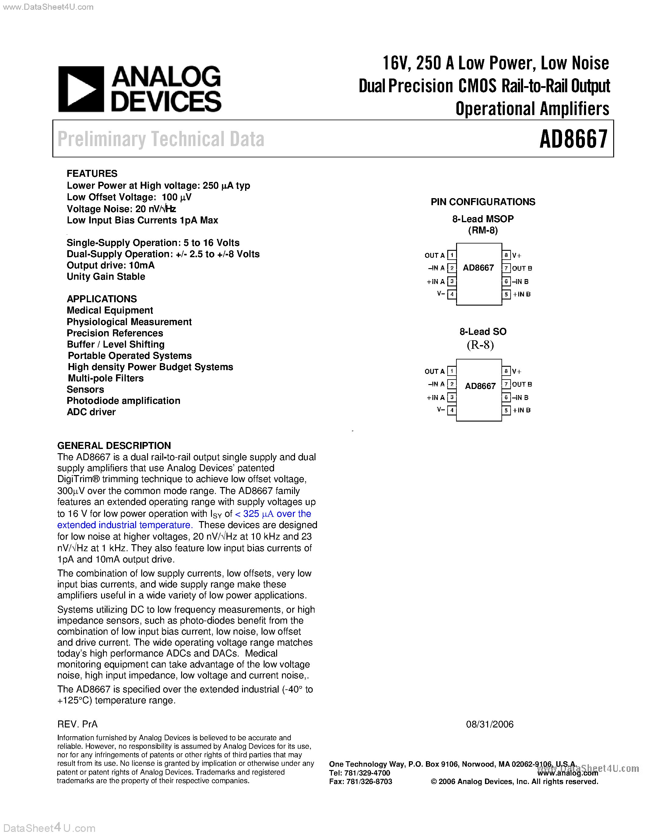 Datasheet AD8667 page 1 Datasheet AD8667 - Dual Precision CMOS Rail-to-Rail Output Amplifier page 1
