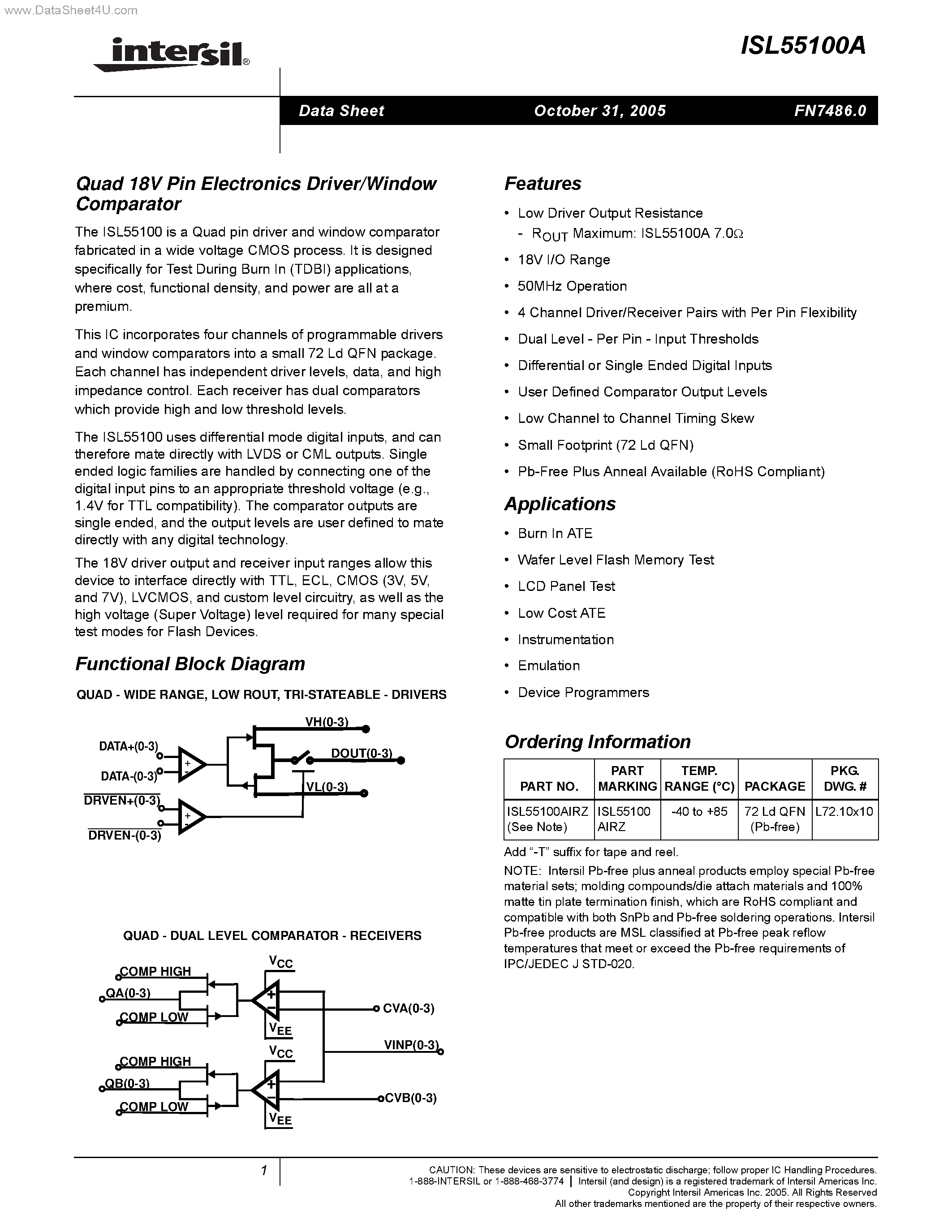 Datasheet ISL55100A page 1 Datasheet ISL55100A - Quad 18V Pin Electronics Driver/Window Comparator page 1