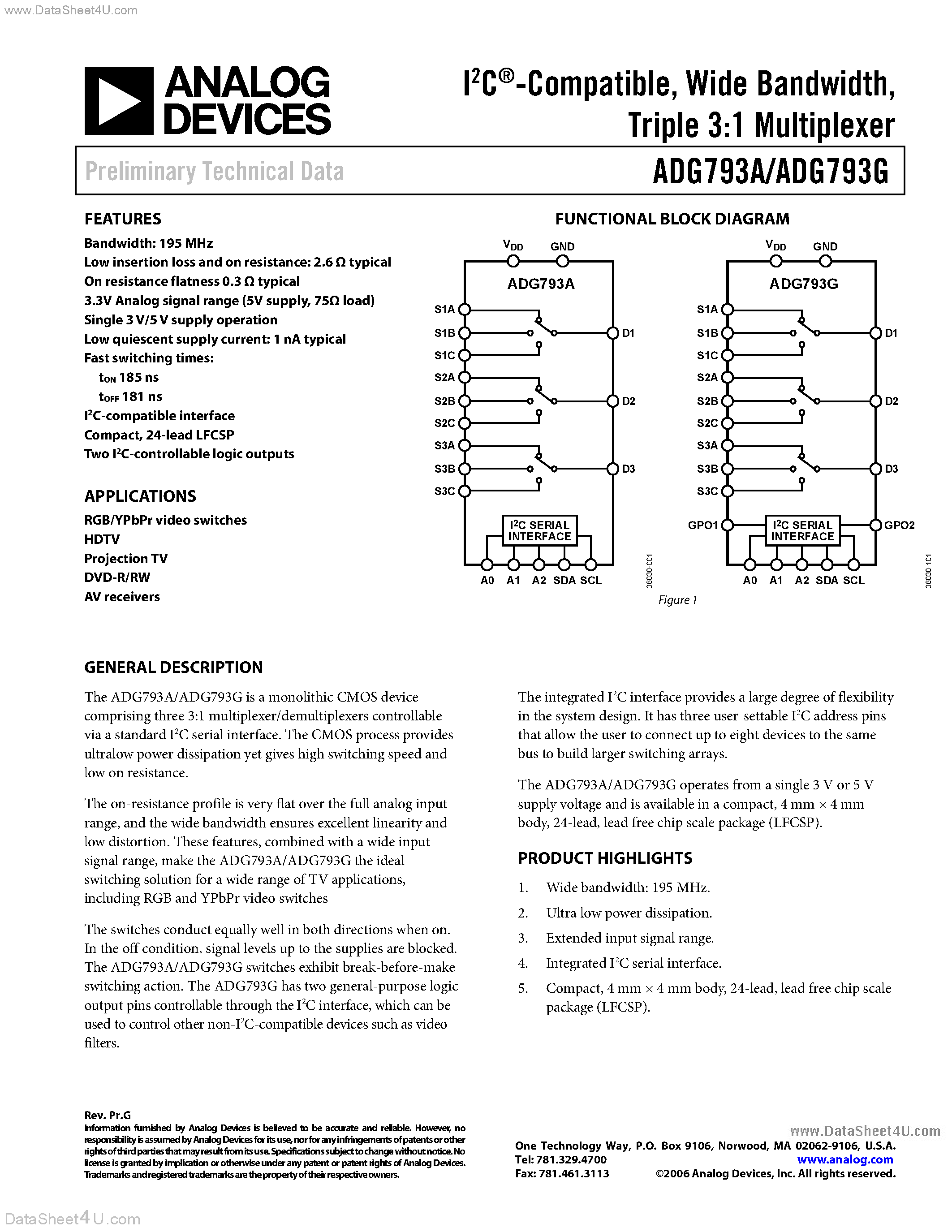 Datasheet ADG793A - Triple 3:1 Multiplexer page 1