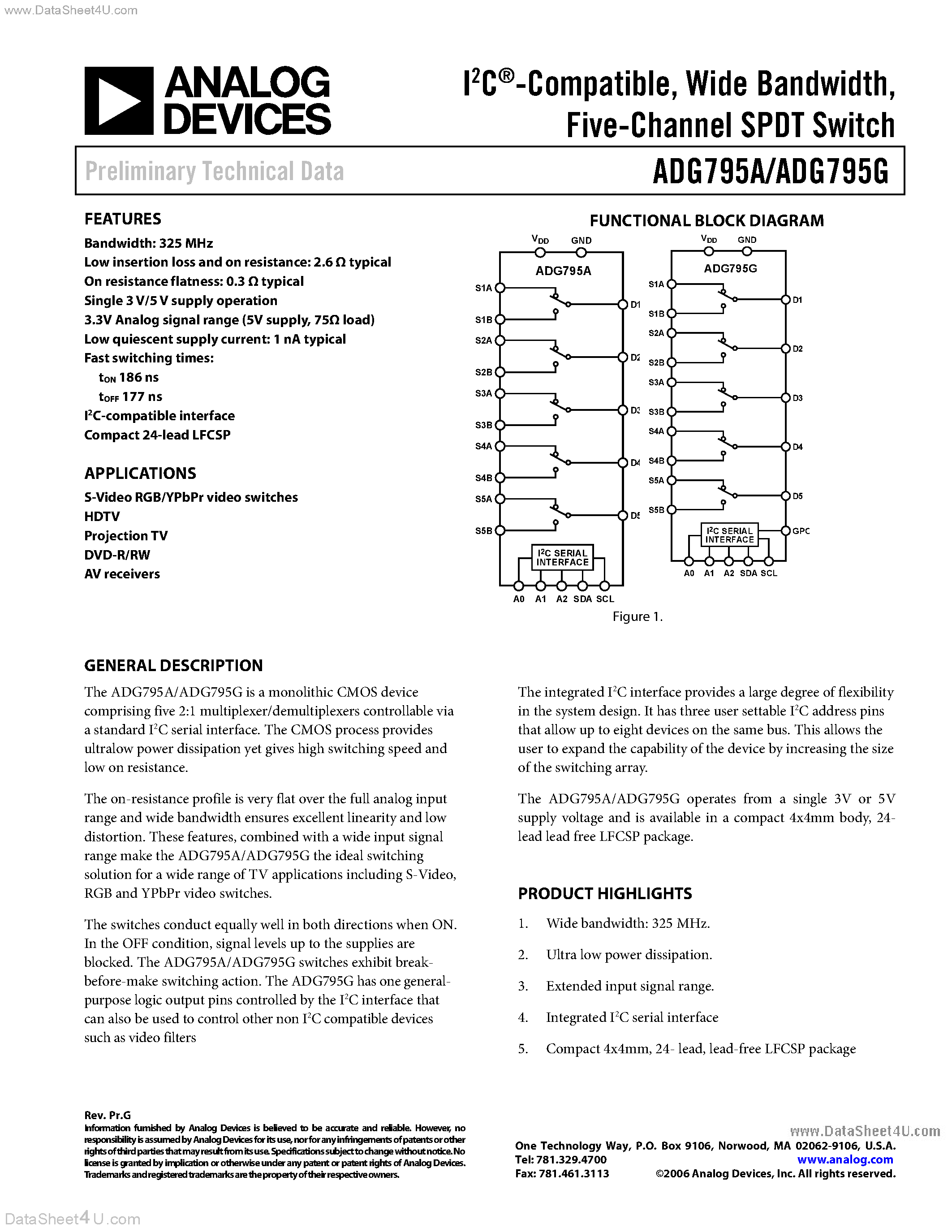 Даташит ADG795A - Five-Channel SPDT Switch страница 1
