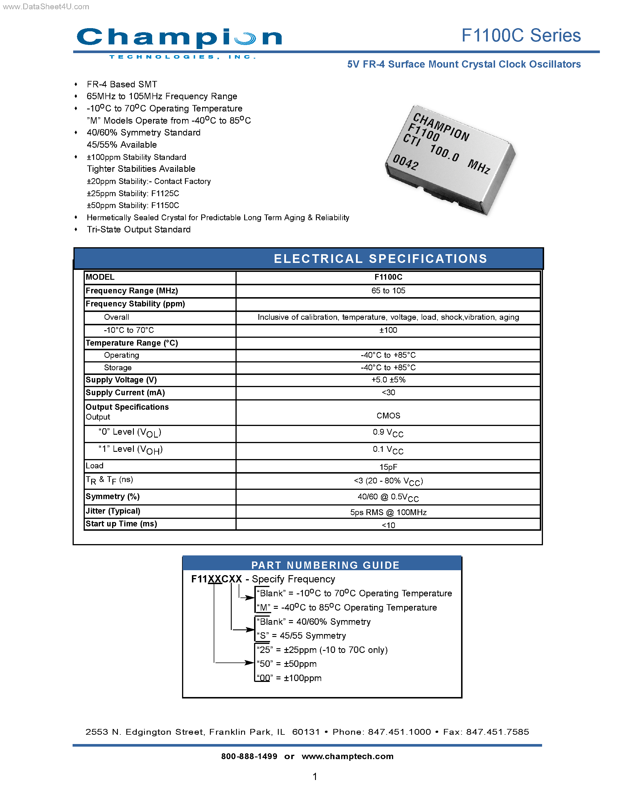 Даташит F1100C - 5V FR-4 Surface Mount Crystal Clock Oscillators страница 1