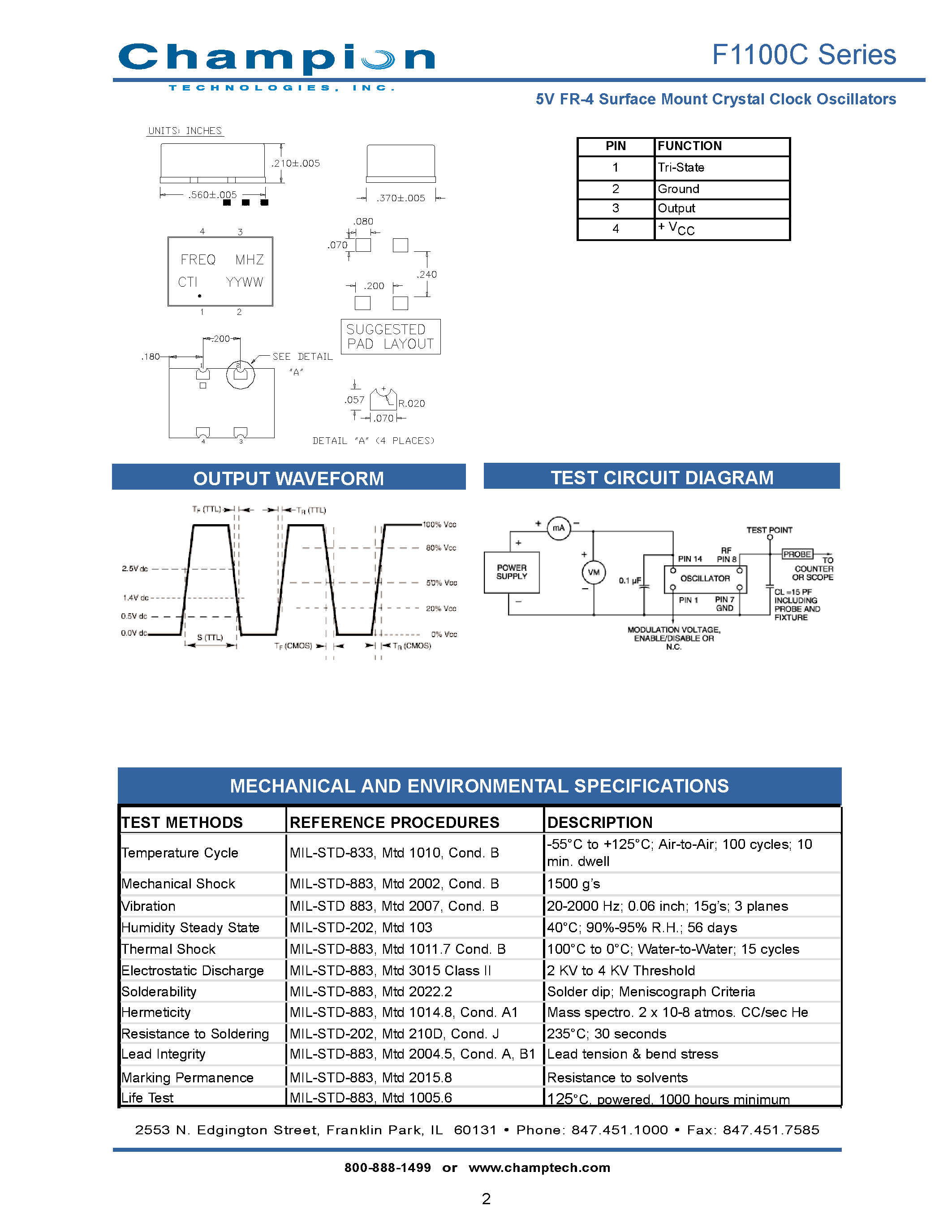 Даташит F1100C - 5V FR-4 Surface Mount Crystal Clock Oscillators страница 2
