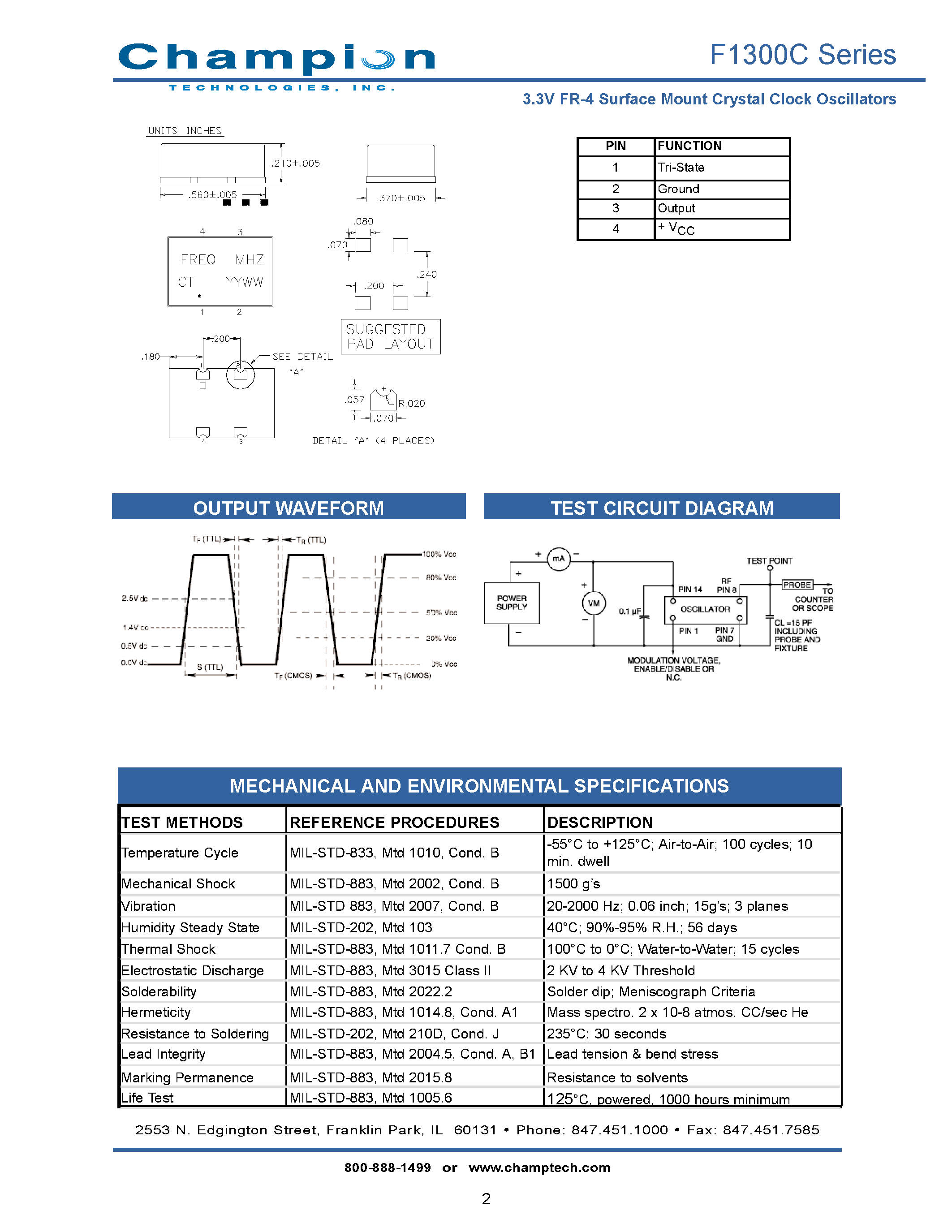 Datasheet F1300C - 3.3V FR-4 Surface Mount Crystal Clock Oscillators page 2