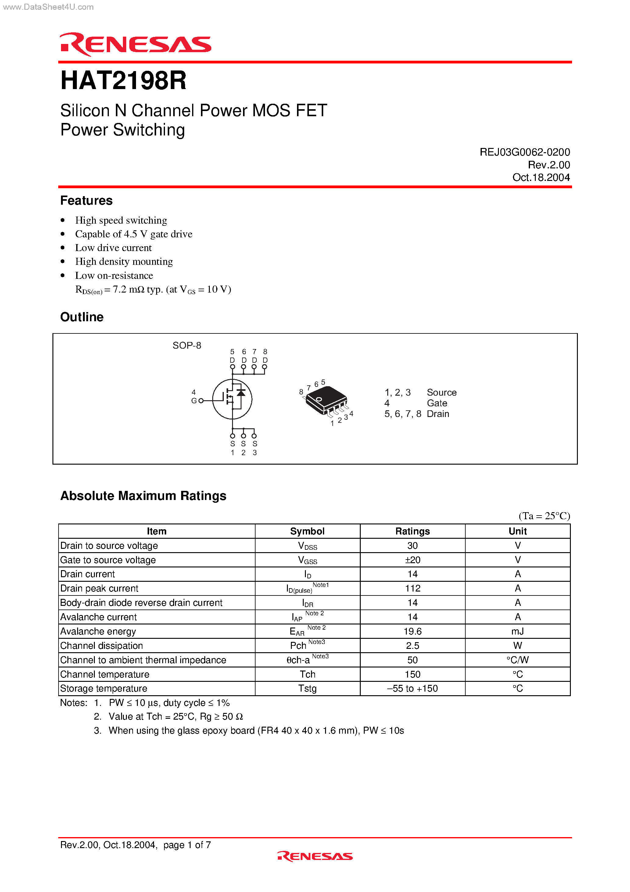 Datasheet HAT2198R page 1 Datasheet HAT2198R - Silicon N Channel Power MOS FET Power Switching page 1
