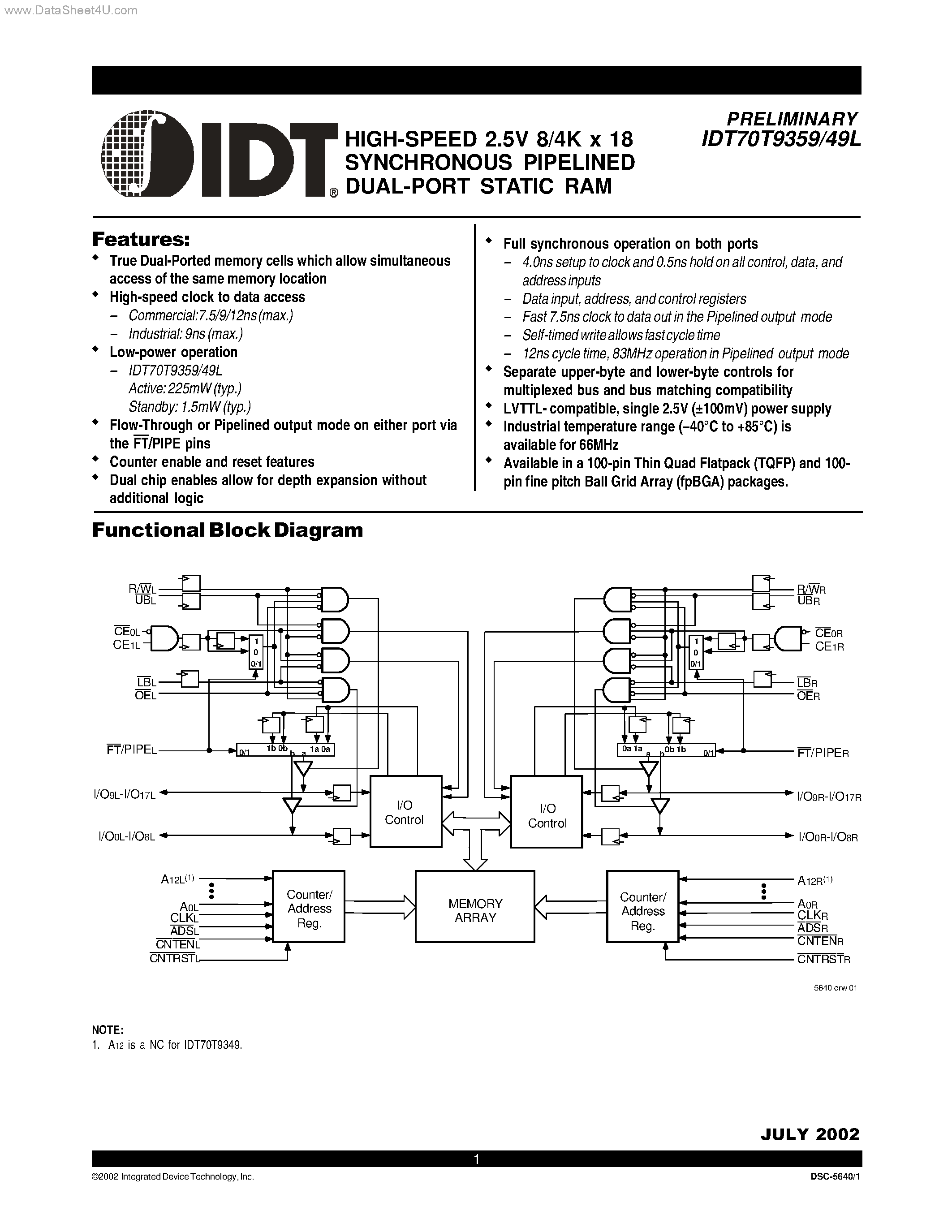 Даташит на микросхему IDT70T9349L страница 1 Даташит IDT70T9349L - (IDT70T9349L / IDT70T9359) SYNCHRONOUS PIPELINED DUAL-PORT STATIC RAM страница 1