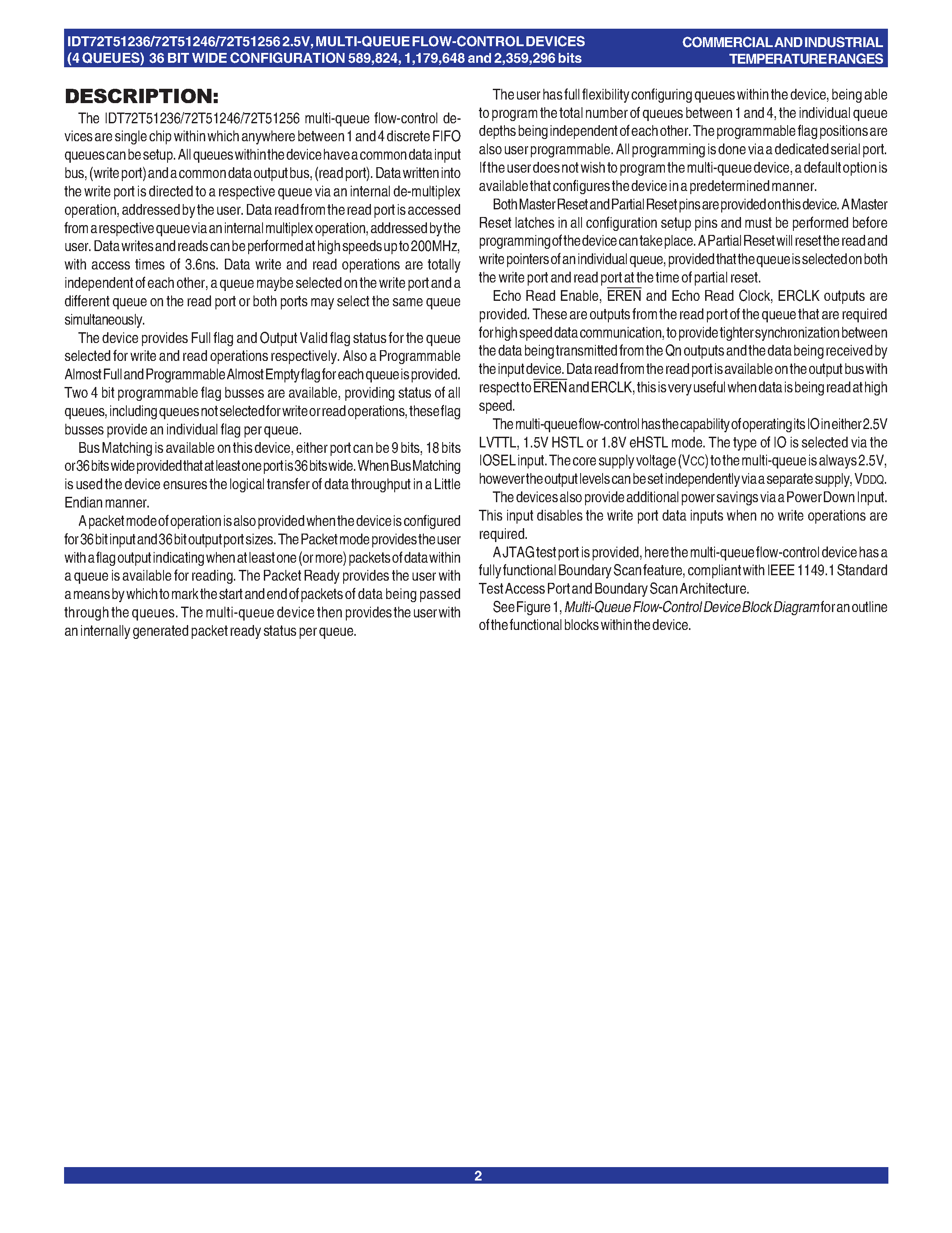 Datasheet IDT72T51236 page 2 Datasheet IDT72T51236 - (IDT72T512x6) 2.5V MULTI-QUEUE FLOW-CONTROL DEVICES page 2