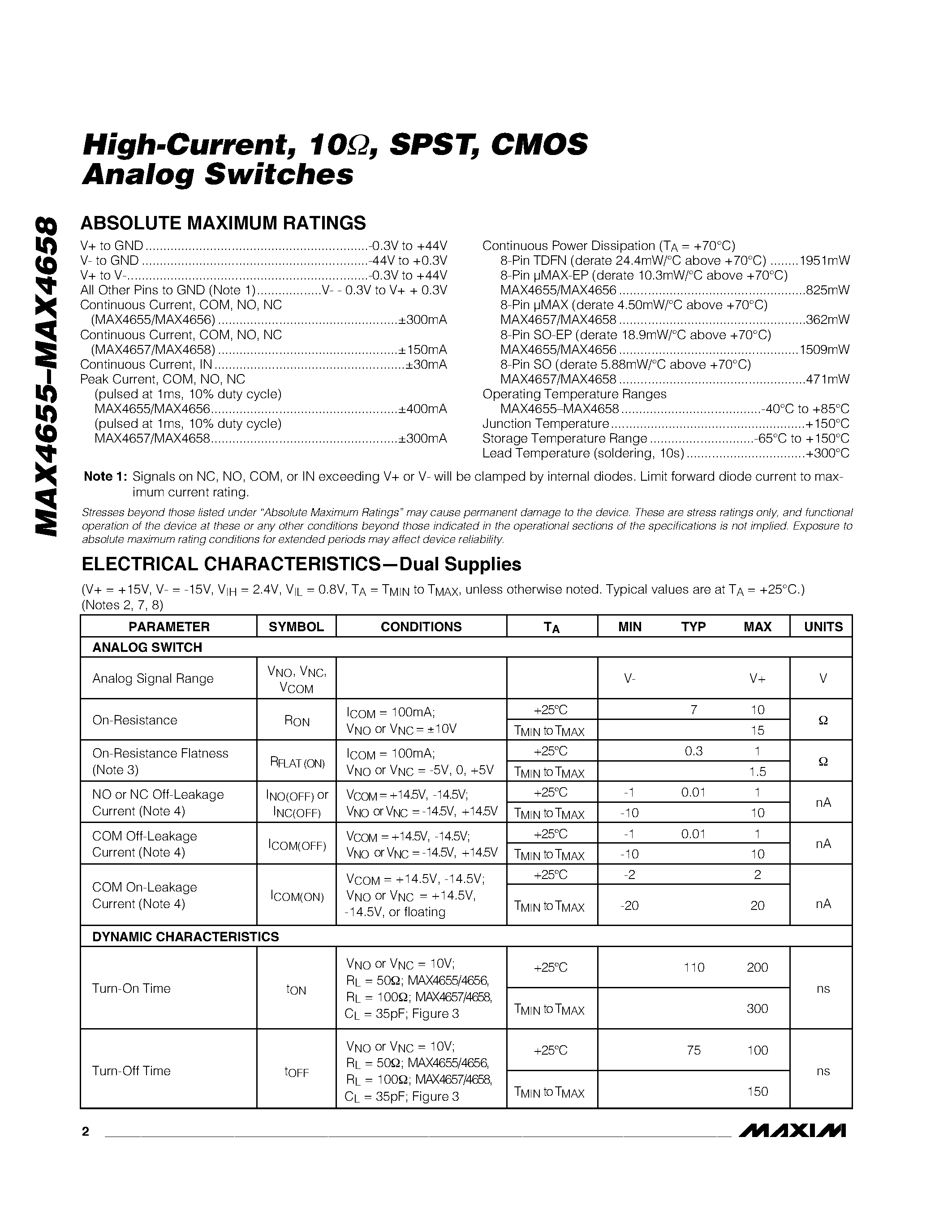 Datasheet MAX4655 - (MAX4655 - MAX4658) CMOS Analog Switches page 2