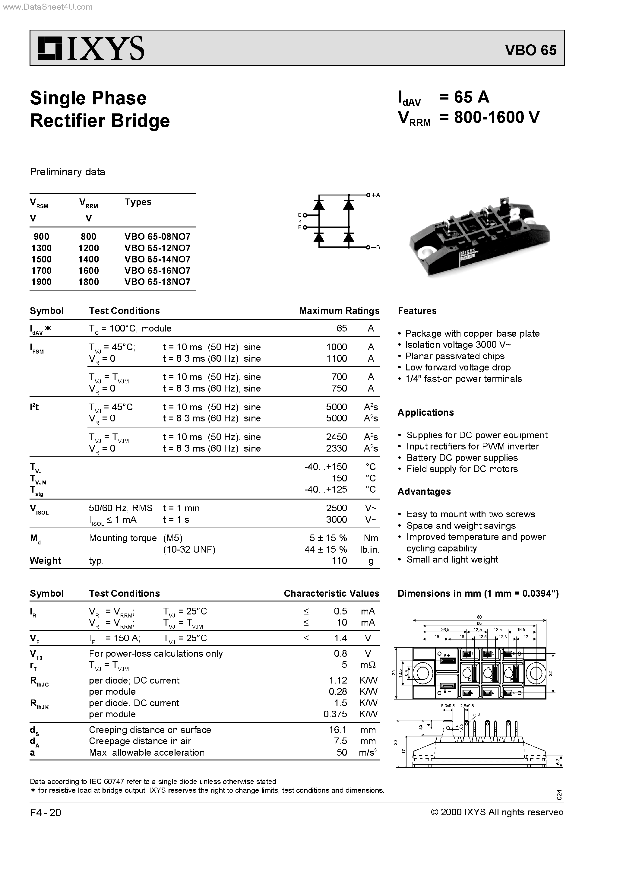 Datasheet VBO65 page 1 Datasheet VBO65 - Single Phase Rectifier Bridge page 1