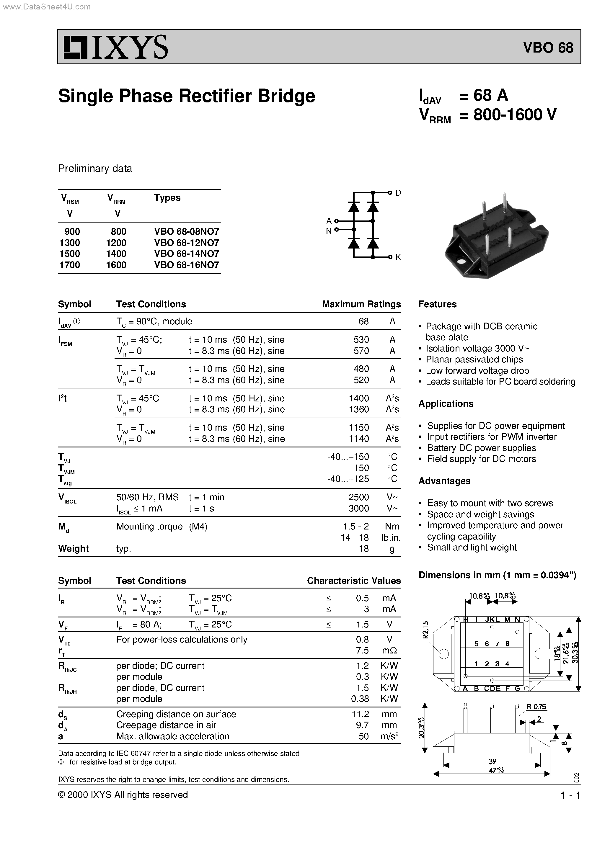 Datasheet VBO68 - Single Phase Rectifier Bridge page 1