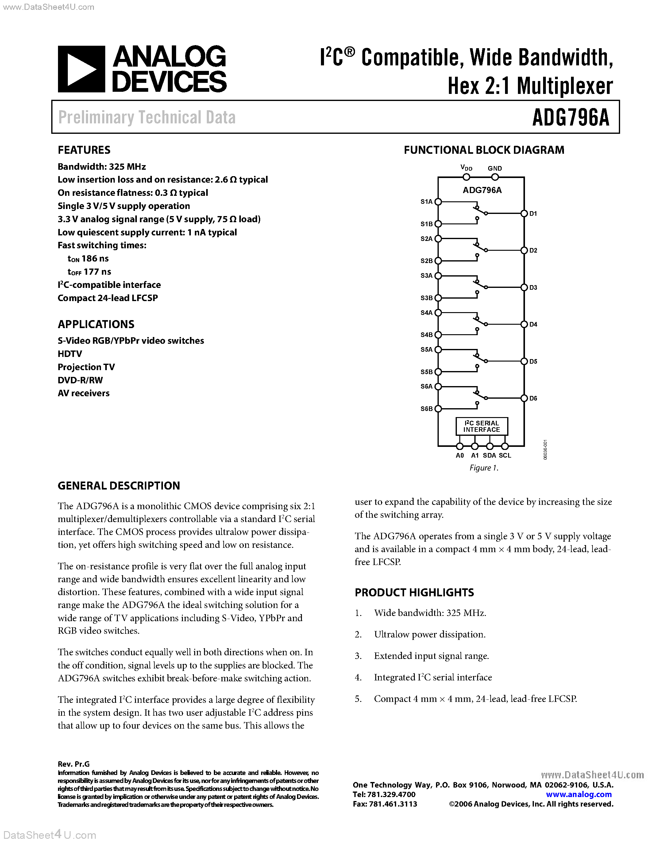 Даташит ADG796A - Hex 2:1 Multiplexer страница 1