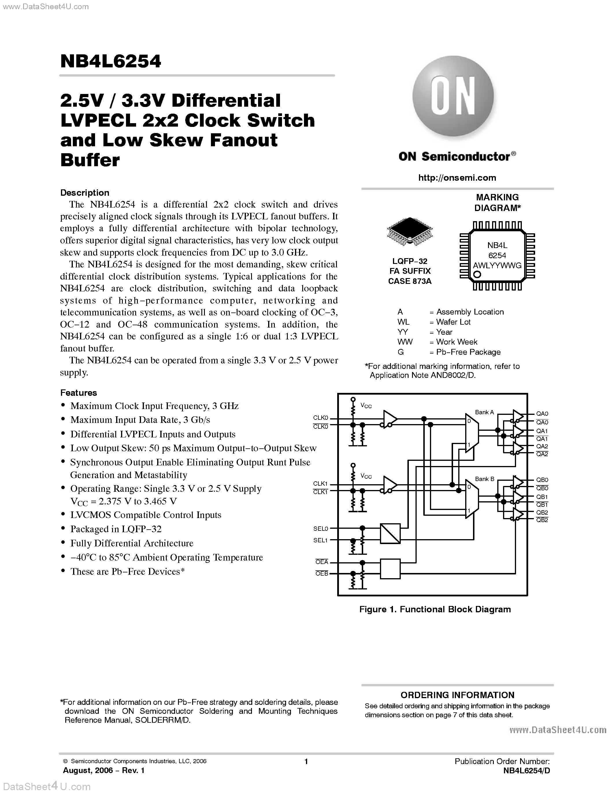 Datasheet NB4L6254 - Differential LVPECL 2x2 Clock Switch page 1