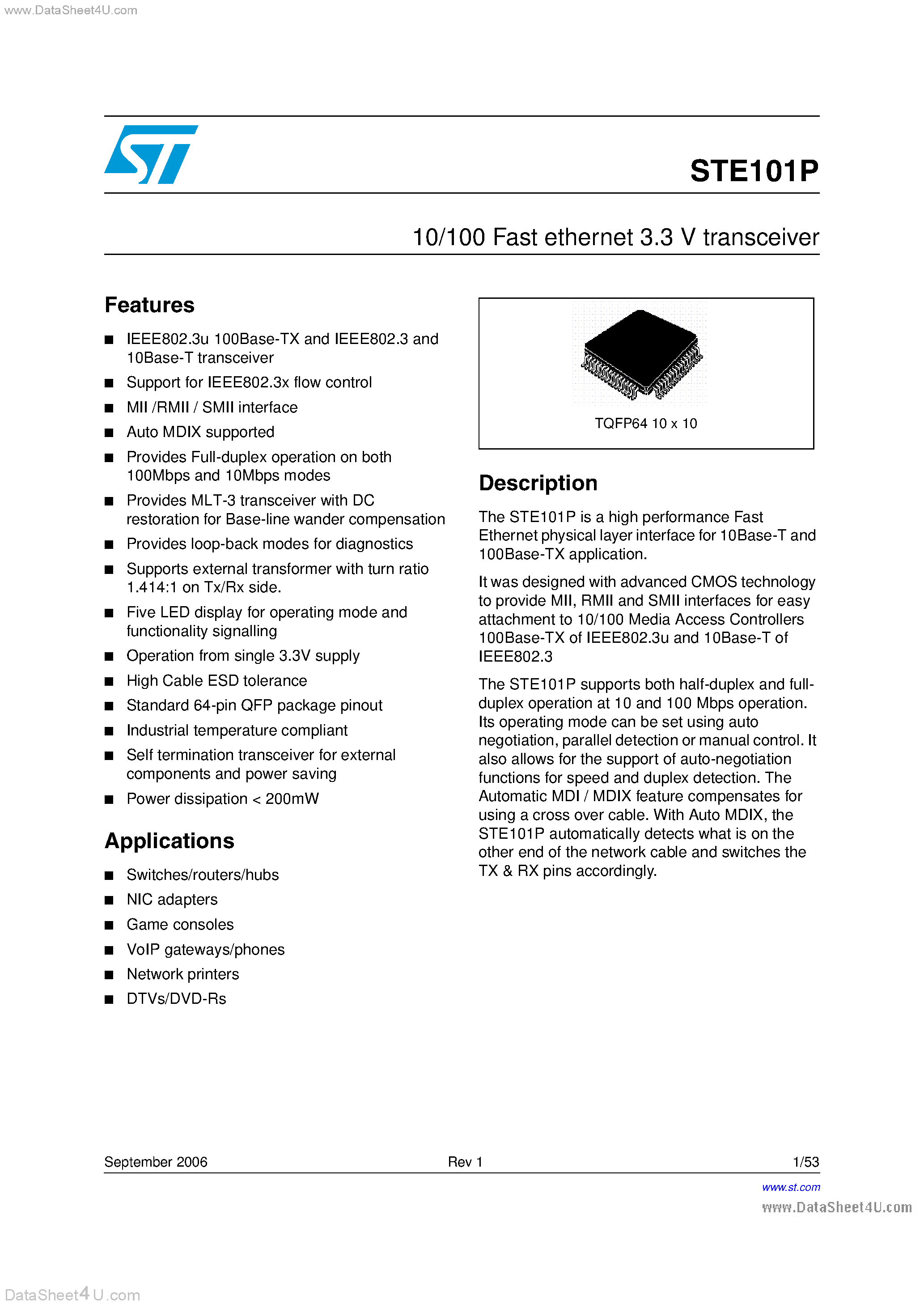 Datasheet STE101P page 1 Datasheet STE101P - 10/100 Fast Ethernet 3.3V Transceiver page 1