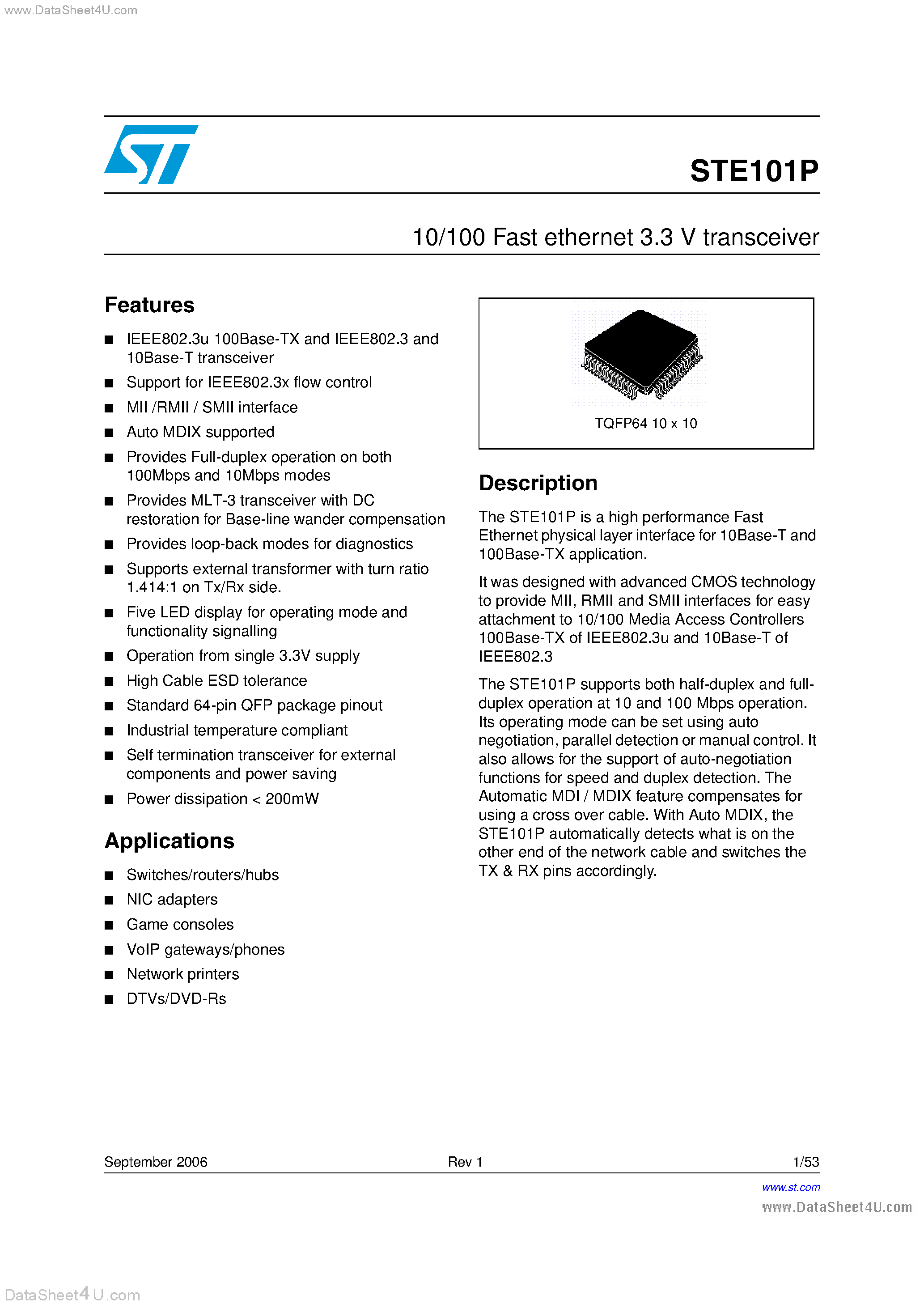 Даташит STE101P - 10/100 Fast Ethernet 3.3V Transceiver страница 1