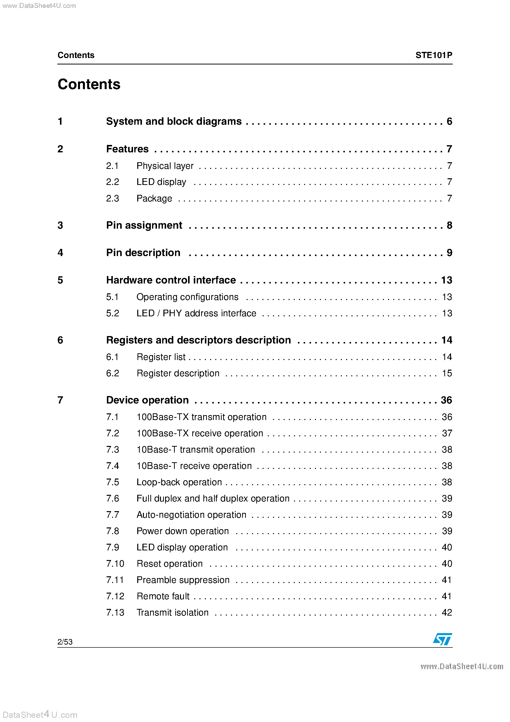 Datasheet STE101P page 2 Datasheet STE101P - 10/100 Fast Ethernet 3.3V Transceiver page 2