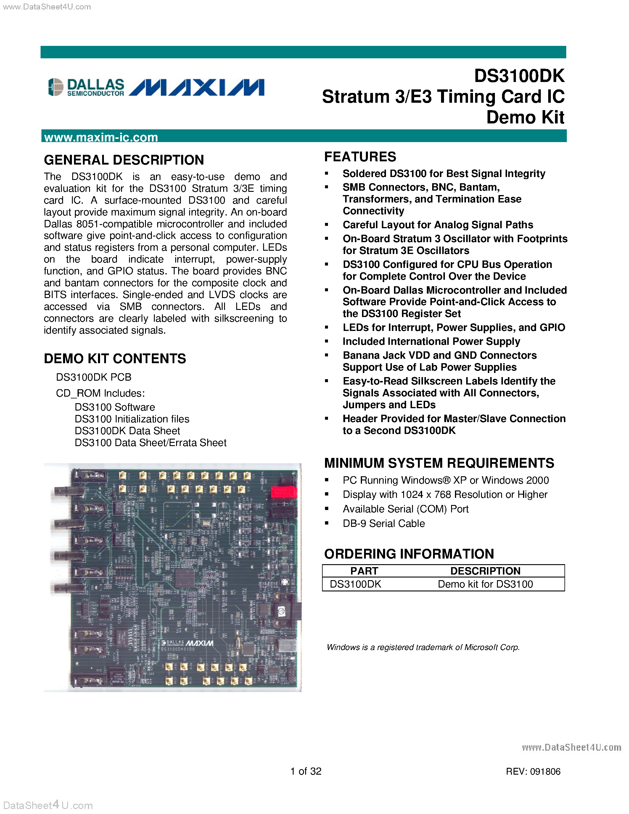 Datasheet DS3100DK - Stratum 3/E3 Timing Card IC Demo KIT page 1