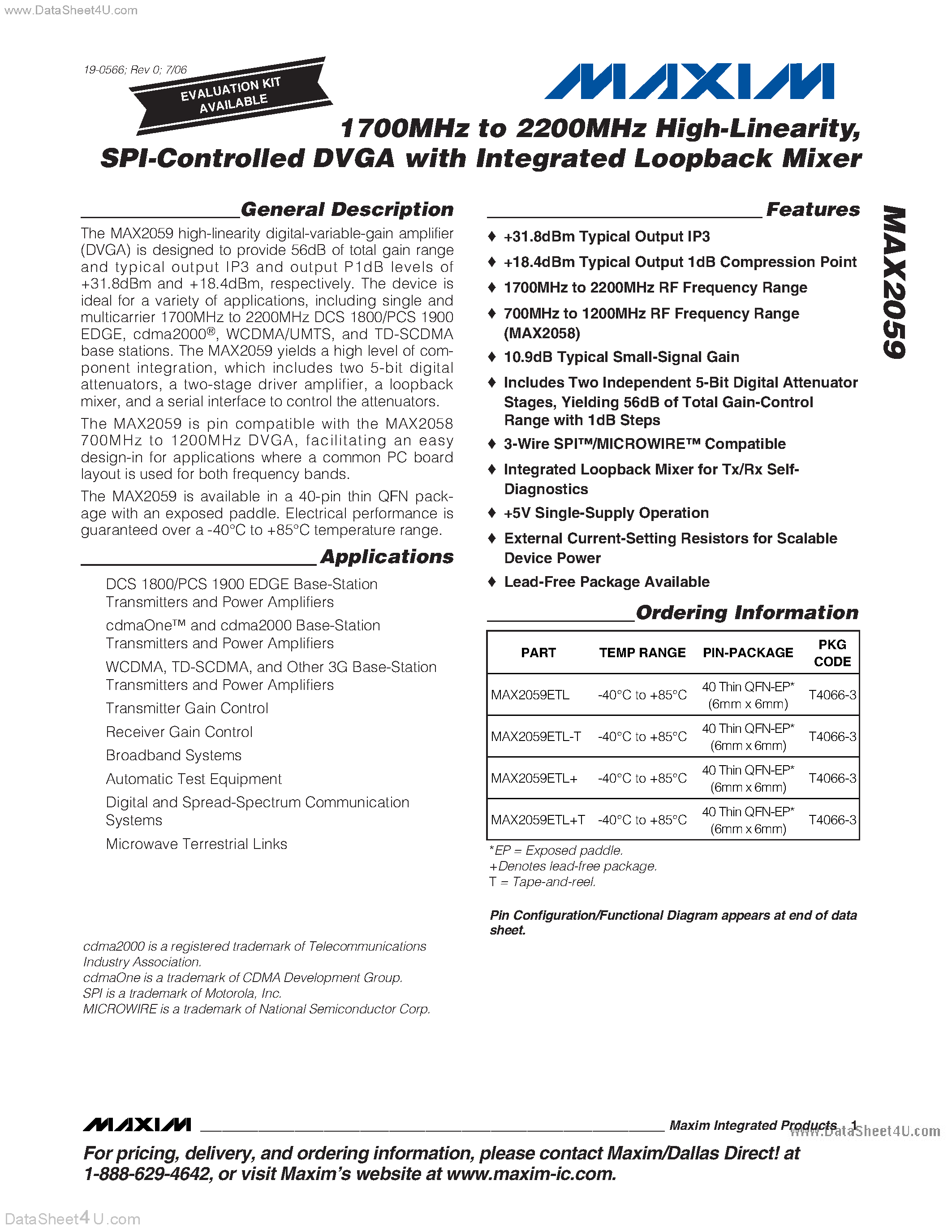 Datasheet MAX2059 - SPI Controlled DVGA page 1