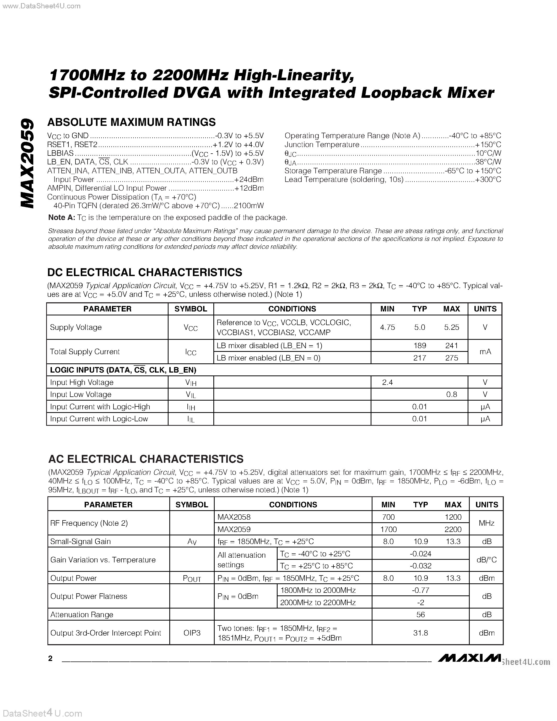 Datasheet MAX2059 - SPI Controlled DVGA page 2