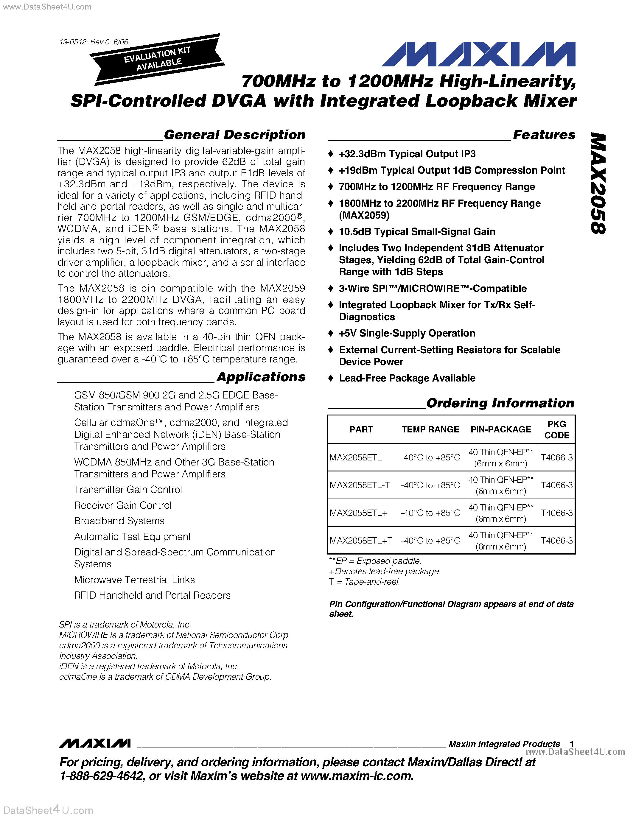 Datasheet MAX2058 - SPI Controlled DVGA page 1