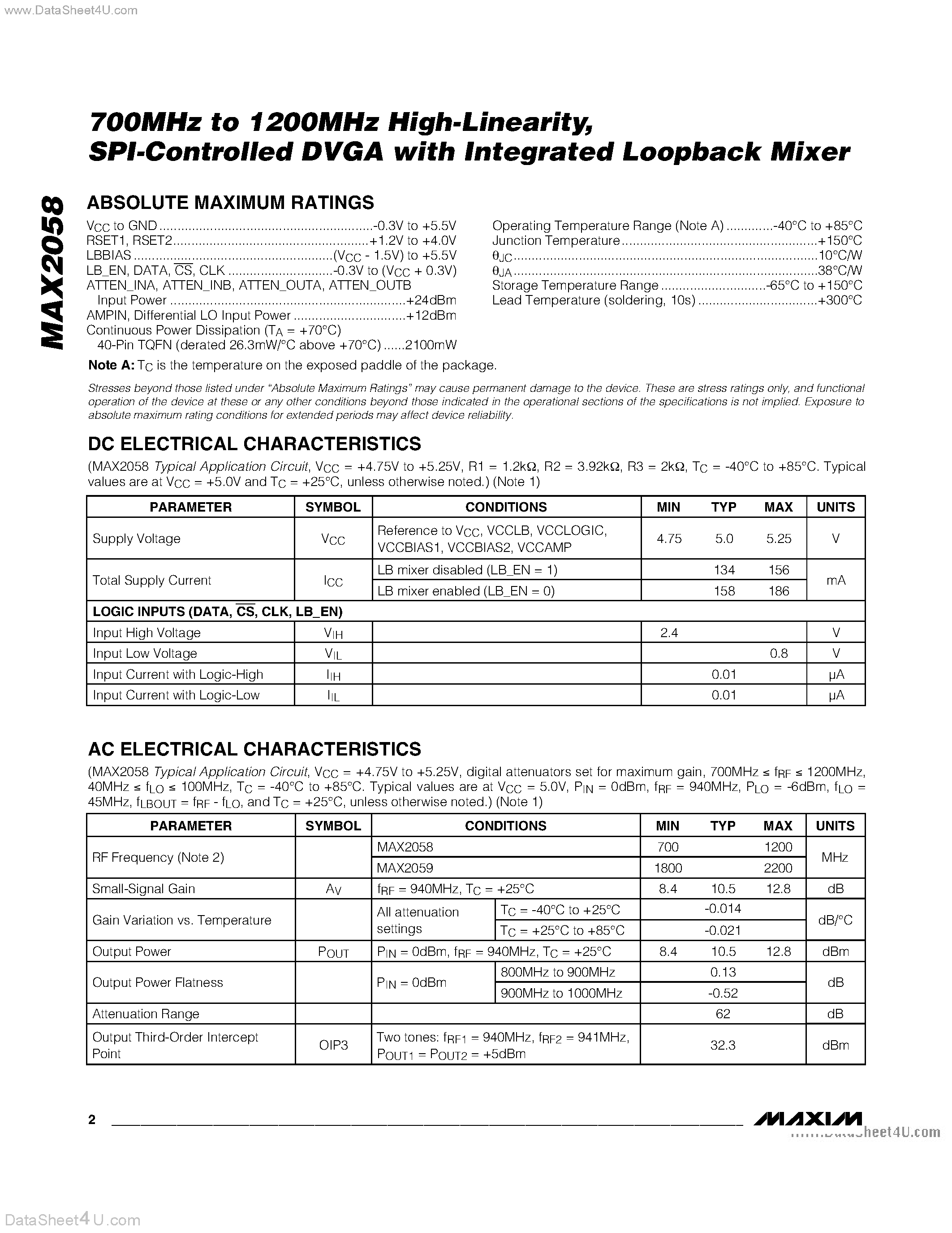 Datasheet MAX2058 - SPI Controlled DVGA page 2