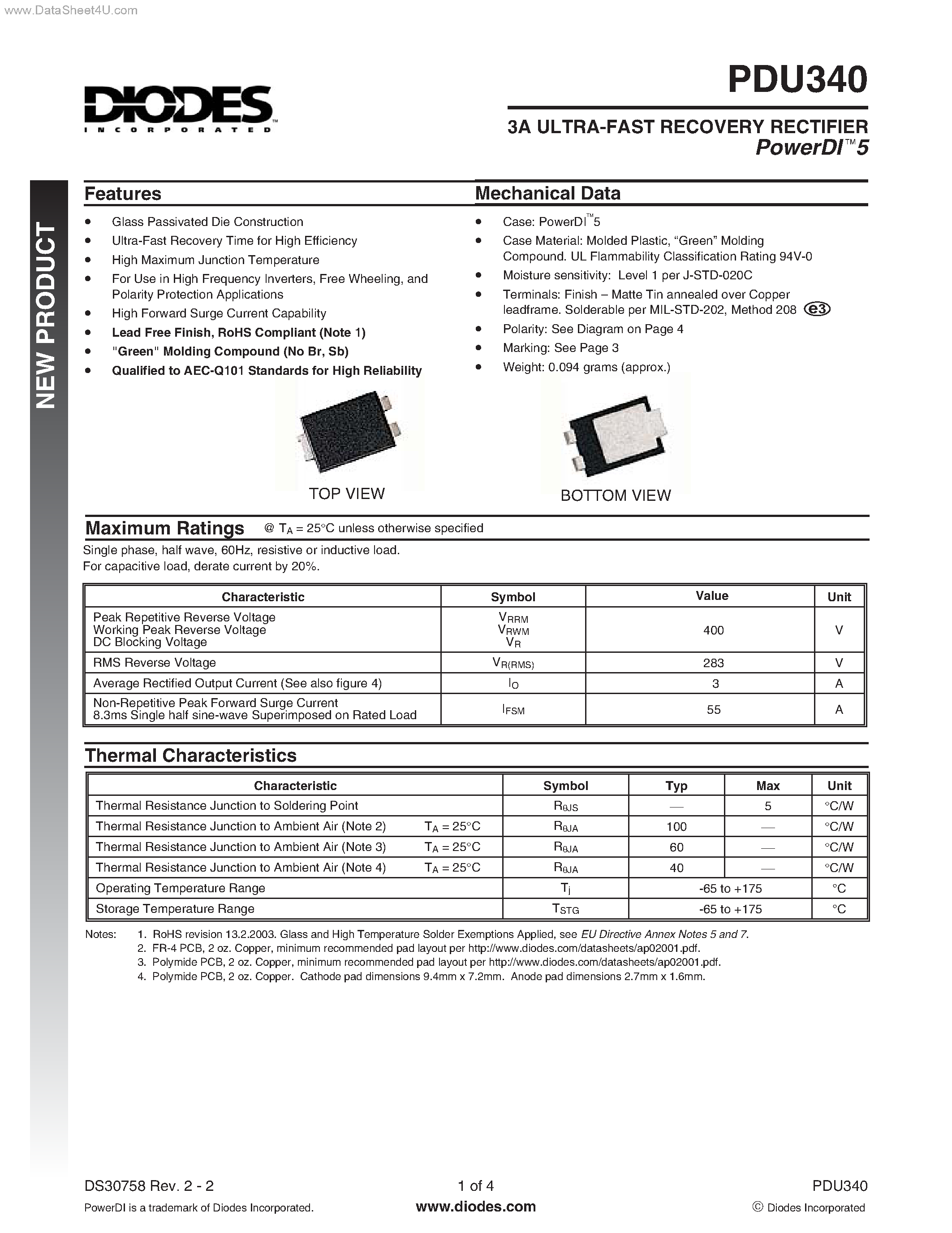 Даташит PDU340 - ULTRA-FAST RECOVERY RECTIFIER страница 1