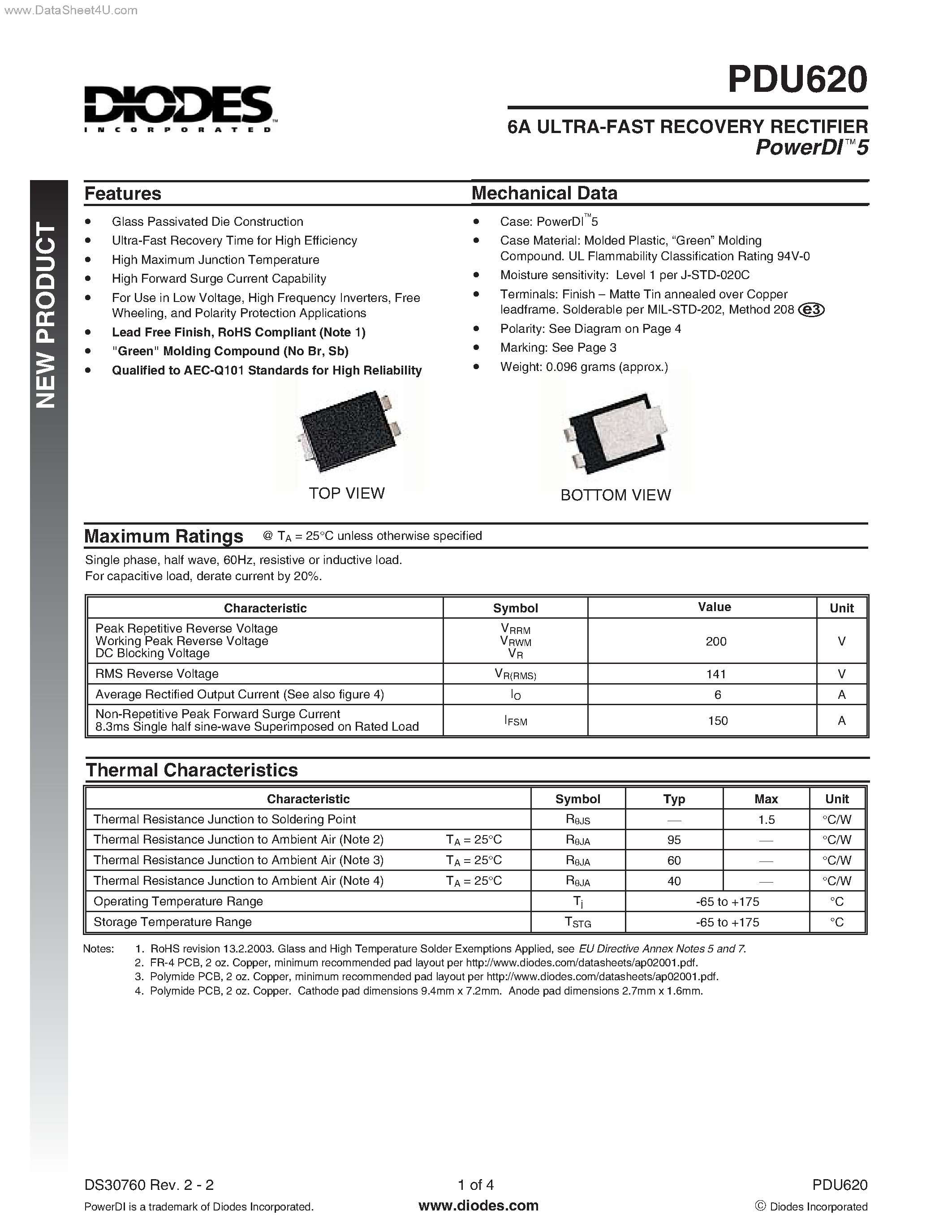 Даташит PDU620 - ULTRA-FAST RECOVERY RECTIFIER страница 1