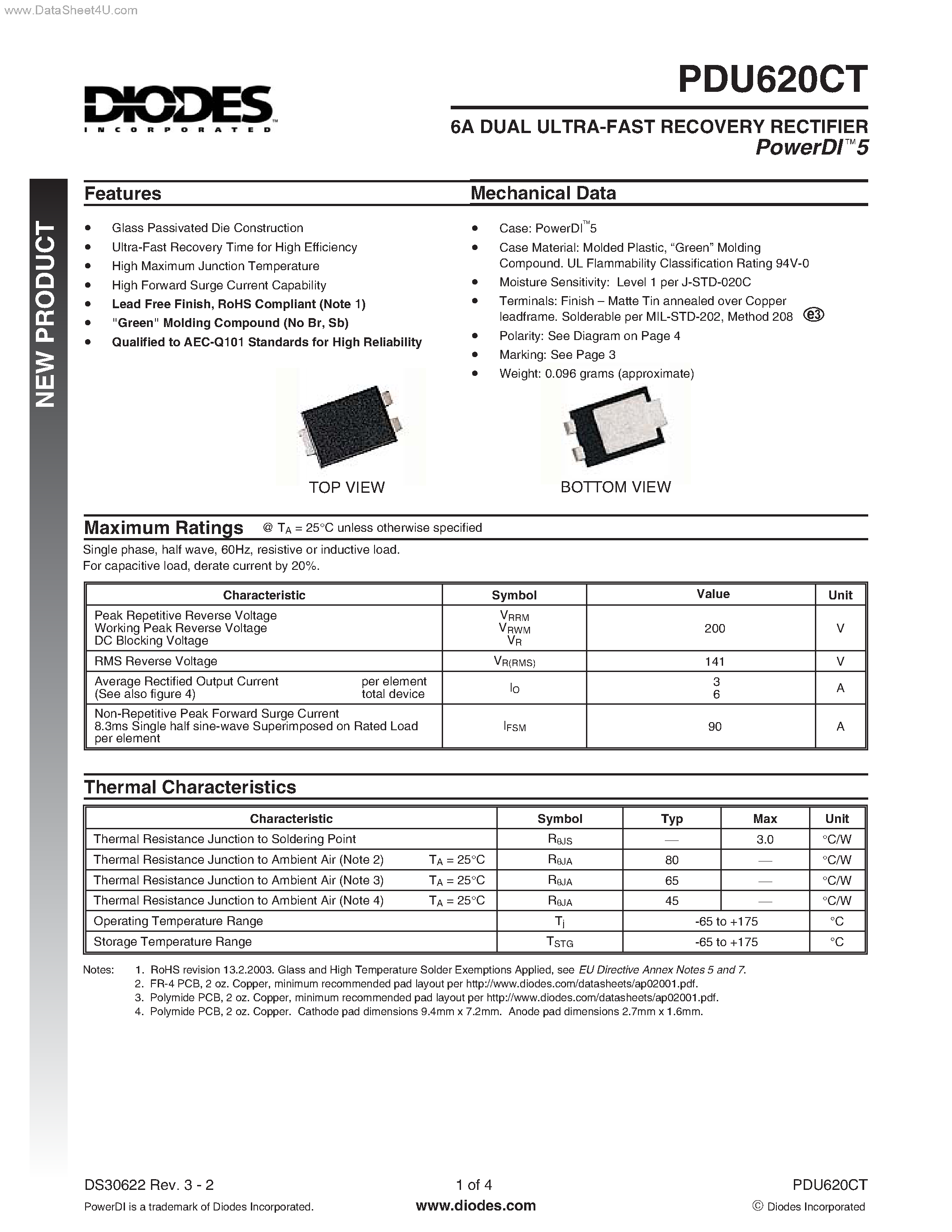 Даташит PDU620CT - DUAL ULTRA-FAST RECOVERY RECTIFIER страница 1