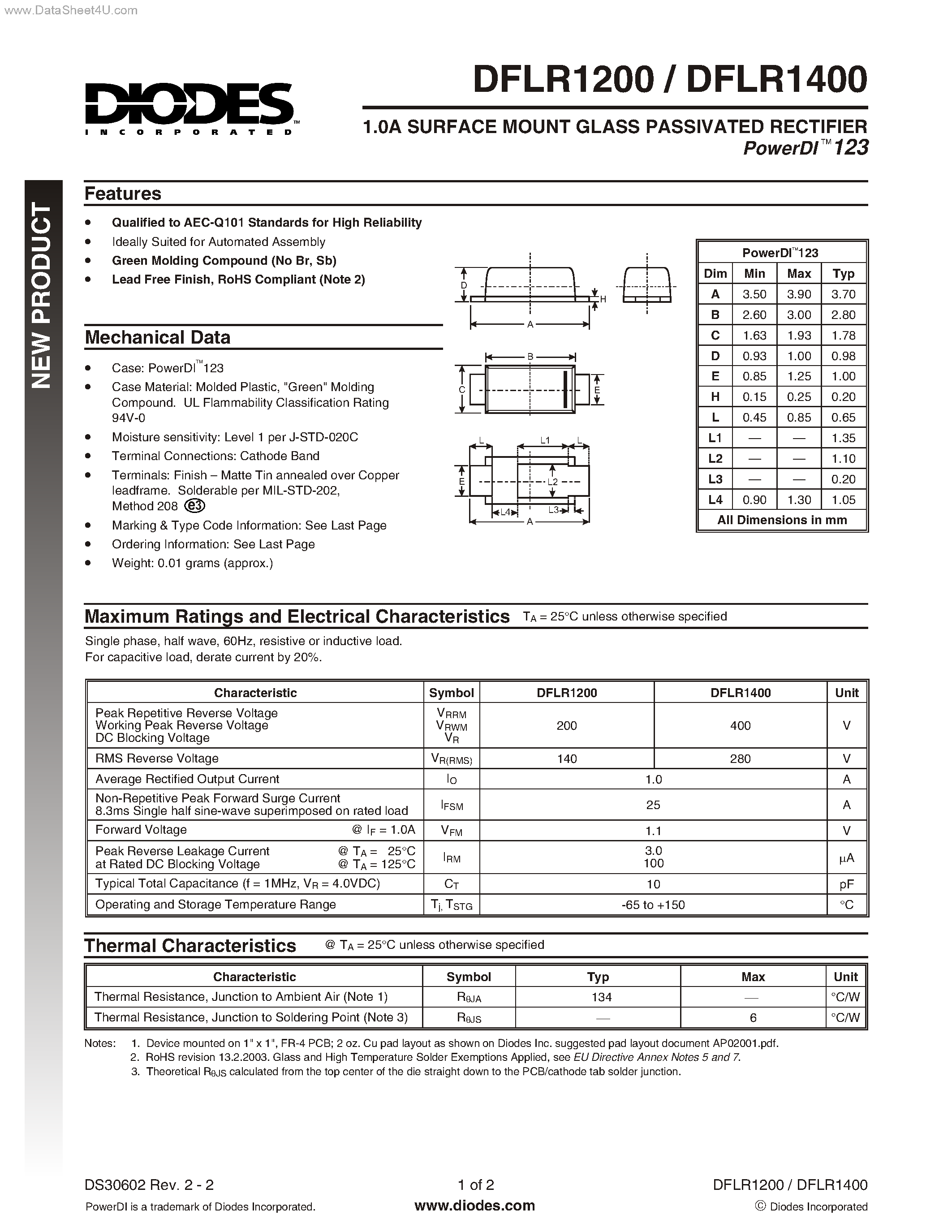 Datasheet DFLR1200 page 1 Datasheet DFLR1200 - (DFLR1200 / DFLR1400) SURFACE MOUNT GLASS PASSIVATED RECTIFIER page 1