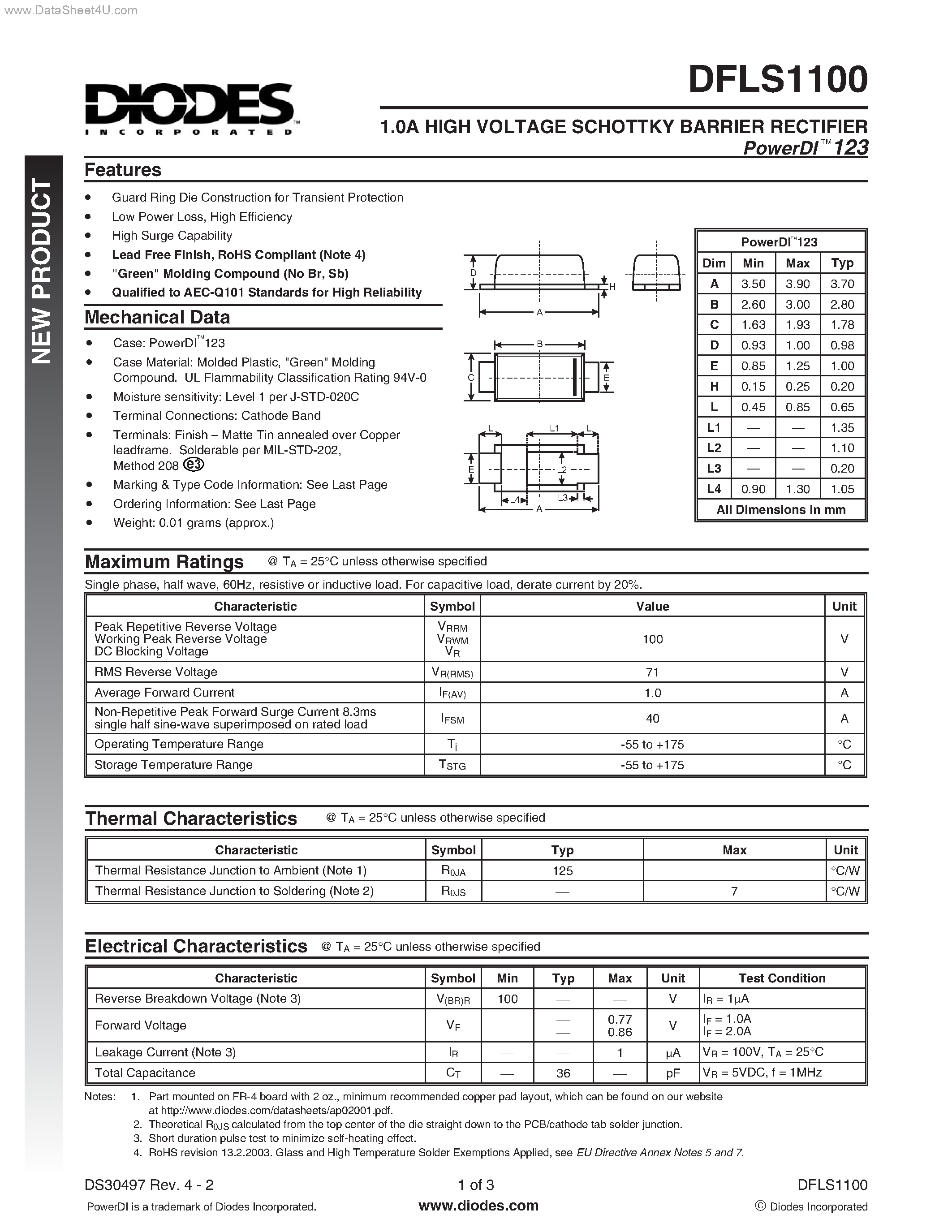 Datasheet DFLS1100 - HIGH VOLTAGE SCHOTTKY BARRIER RECTIFIER page 1