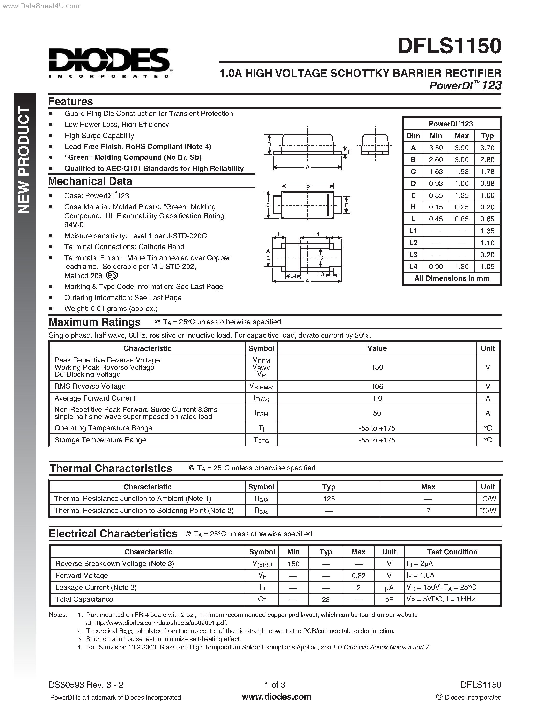 Datasheet DFLS1150 page 1 Datasheet DFLS1150 - HIGH VOLTAGE SCHOTTKY BARRIER RECTIFIER page 1
