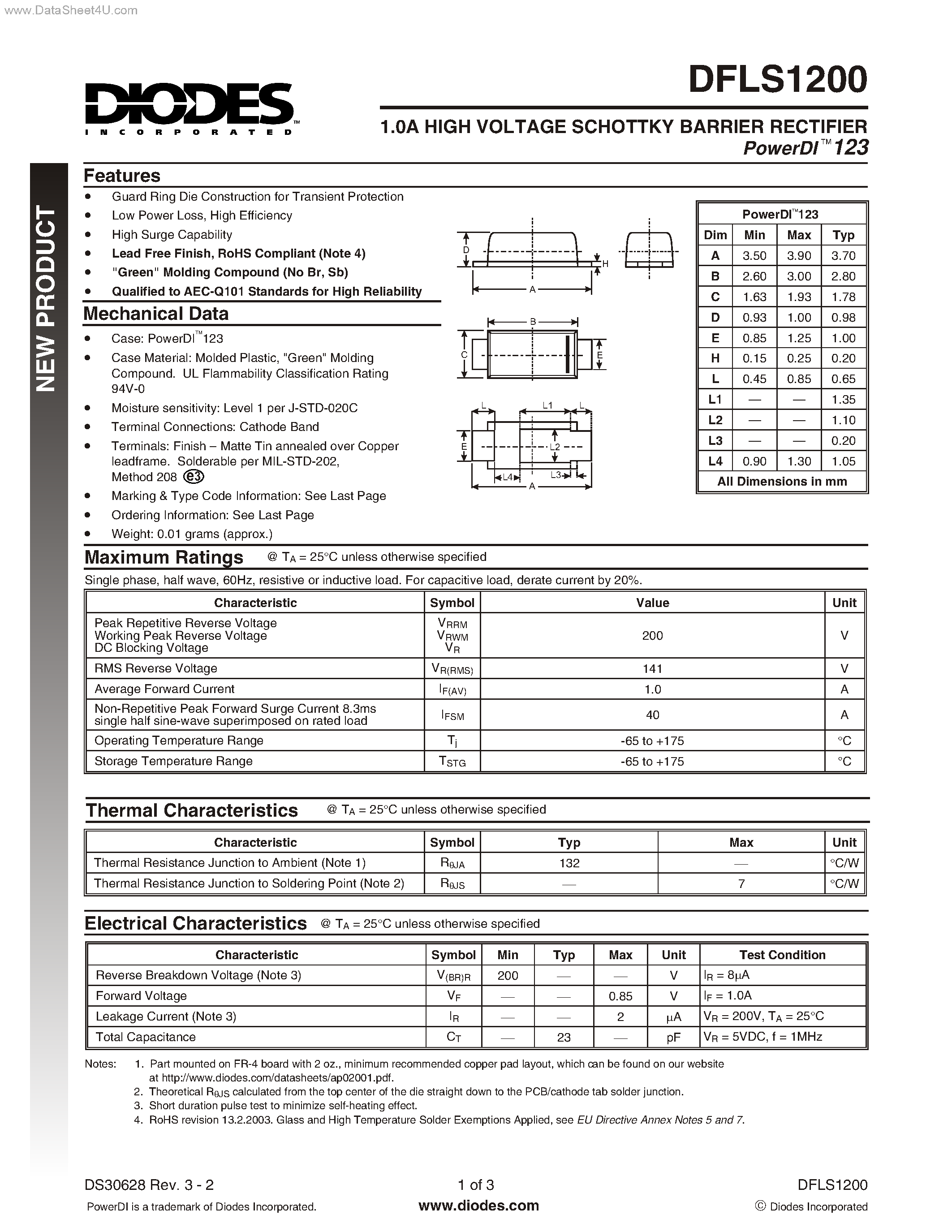 Datasheet DFLS1200 page 1 Datasheet DFLS1200 - HIGH VOLTAGE SCHOTTKY BARRIER RECTIFIER page 1