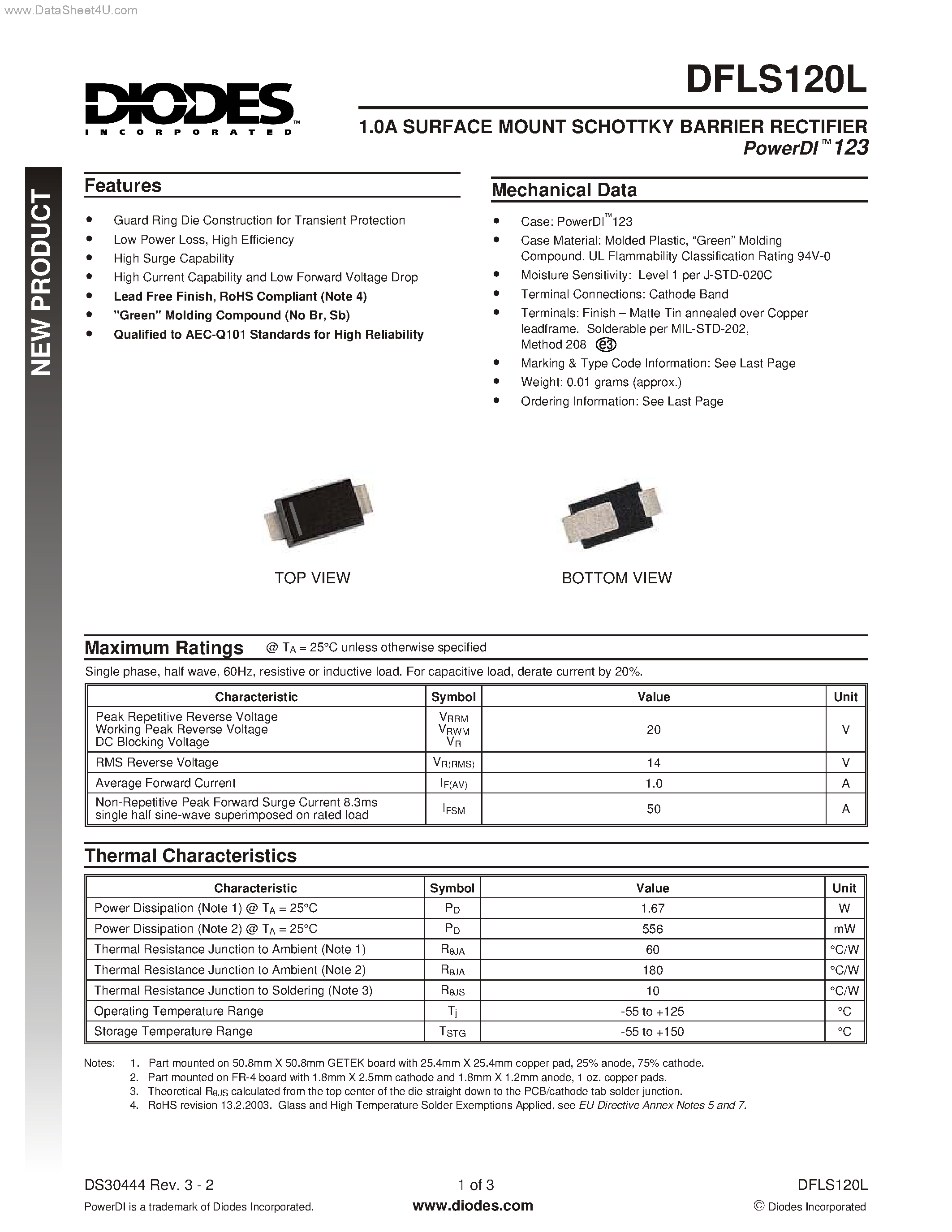 Datasheet DFLS120L - SURFACE MOUNT SCHOTTKY BARRIER RECTIFIER page 1