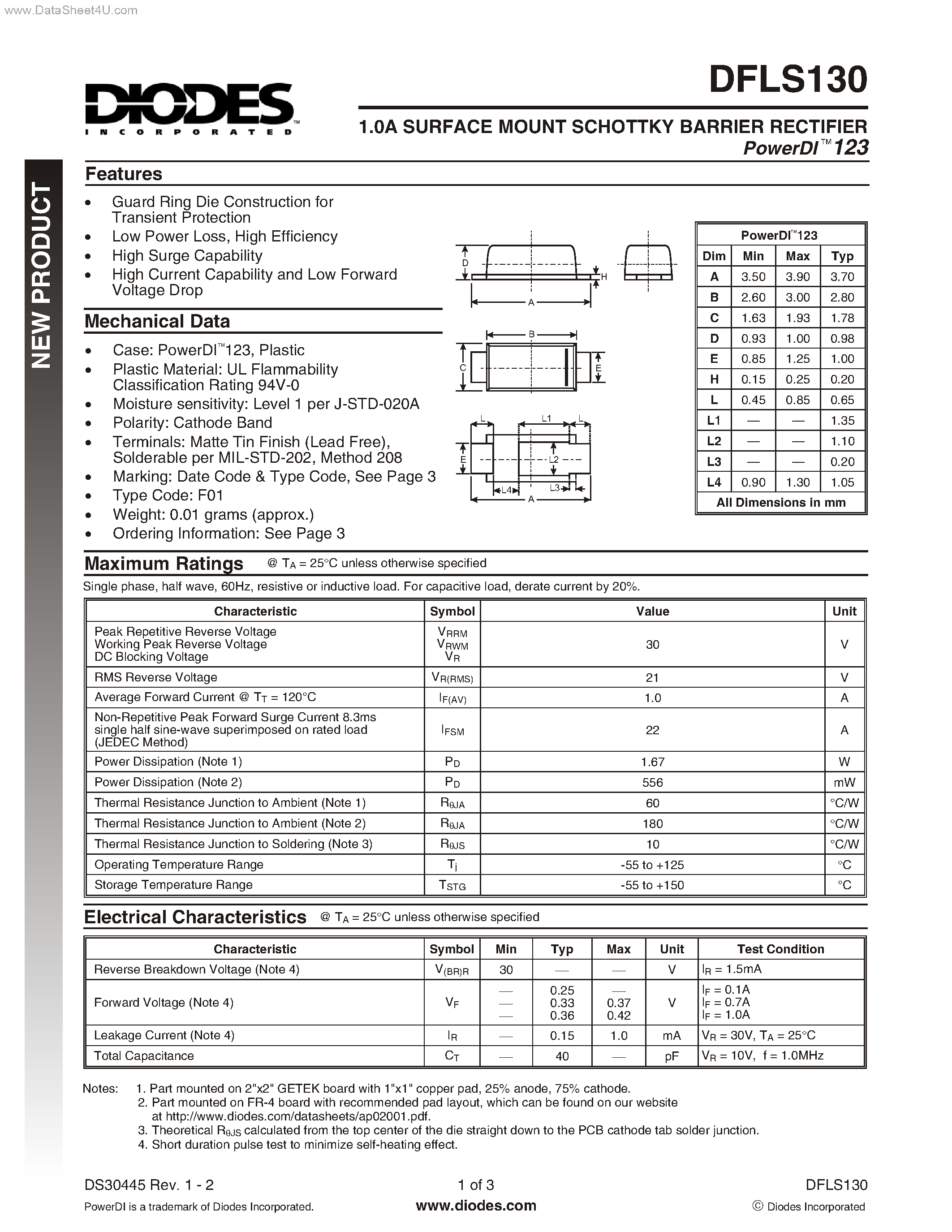 Datasheet DFLS130 page 1 Datasheet DFLS130 - SURFACE MOUNT SCHOTTKY BARRIER RECTIFIER page 1