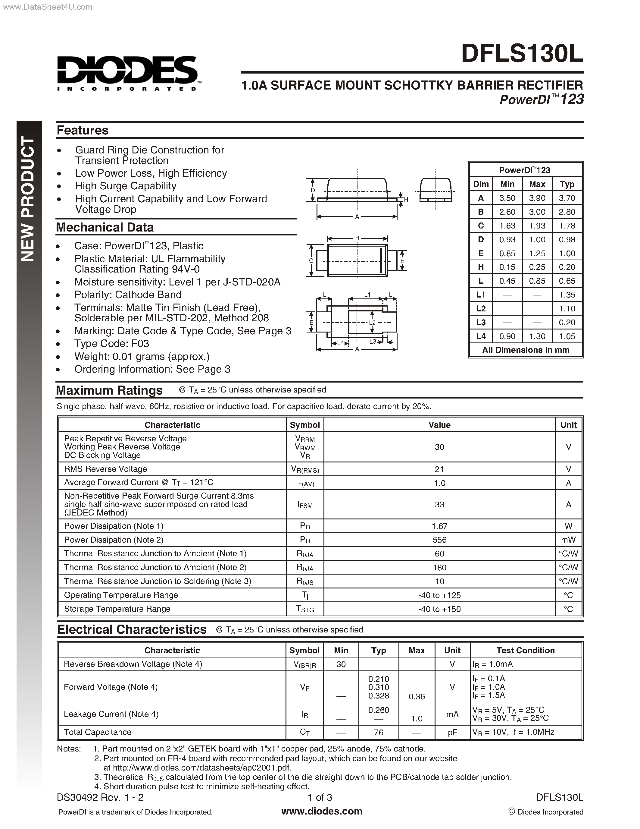 Datasheet DFLS130L page 1 Datasheet DFLS130L - SURFACE MOUNT SCHOTTKY BARRIER RECTIFIER page 1