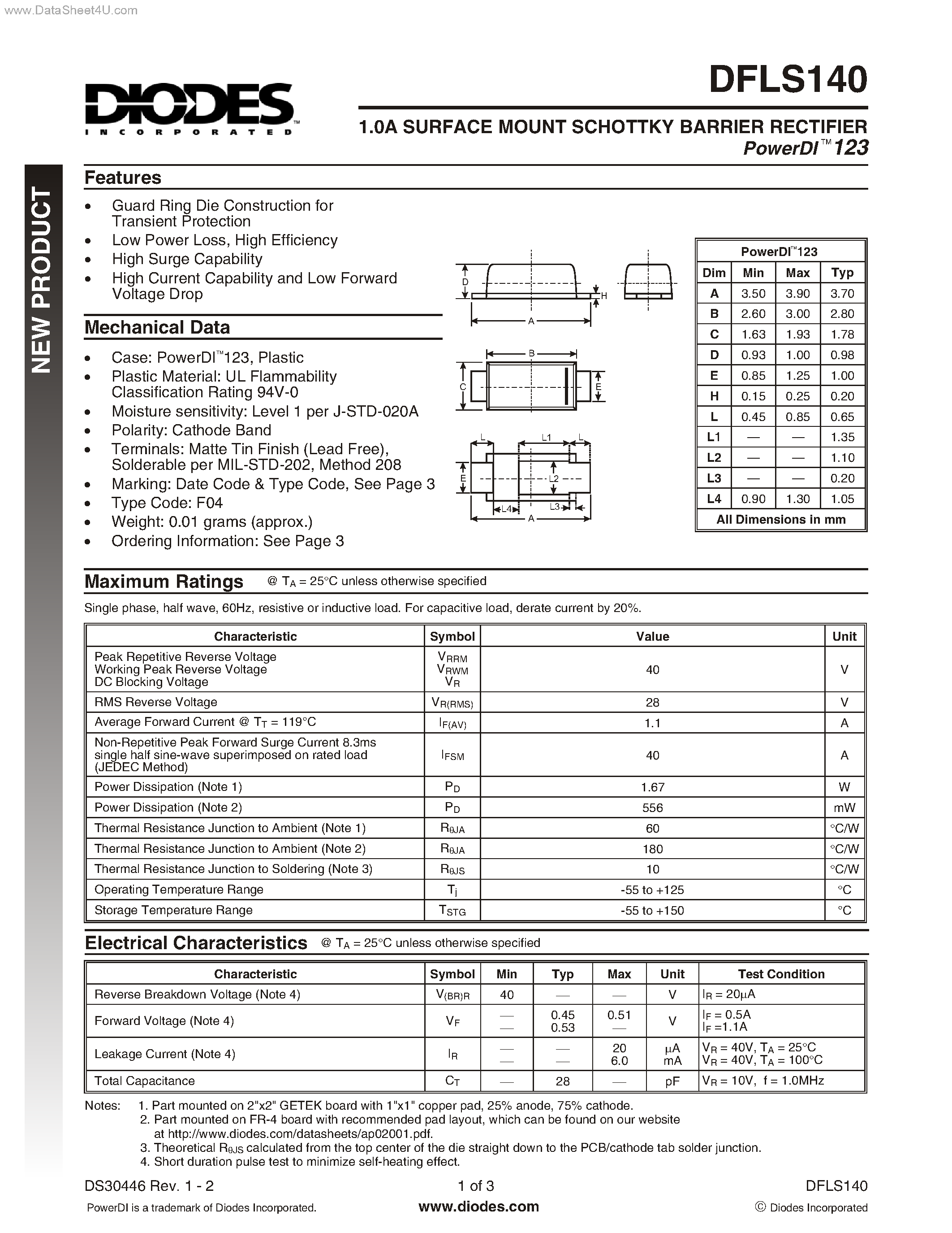 Datasheet DFLS140 - SURFACE MOUNT SCHOTTKY BARRIER RECTIFIER page 1