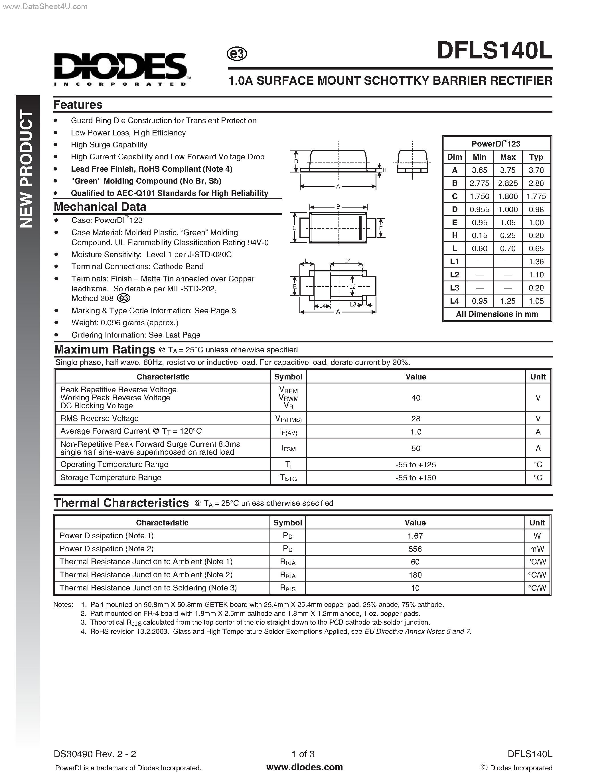 Datasheet DFLS140L page 1 Datasheet DFLS140L - SURFACE MOUNT SCHOTTKY BARRIER RECTIFIER page 1