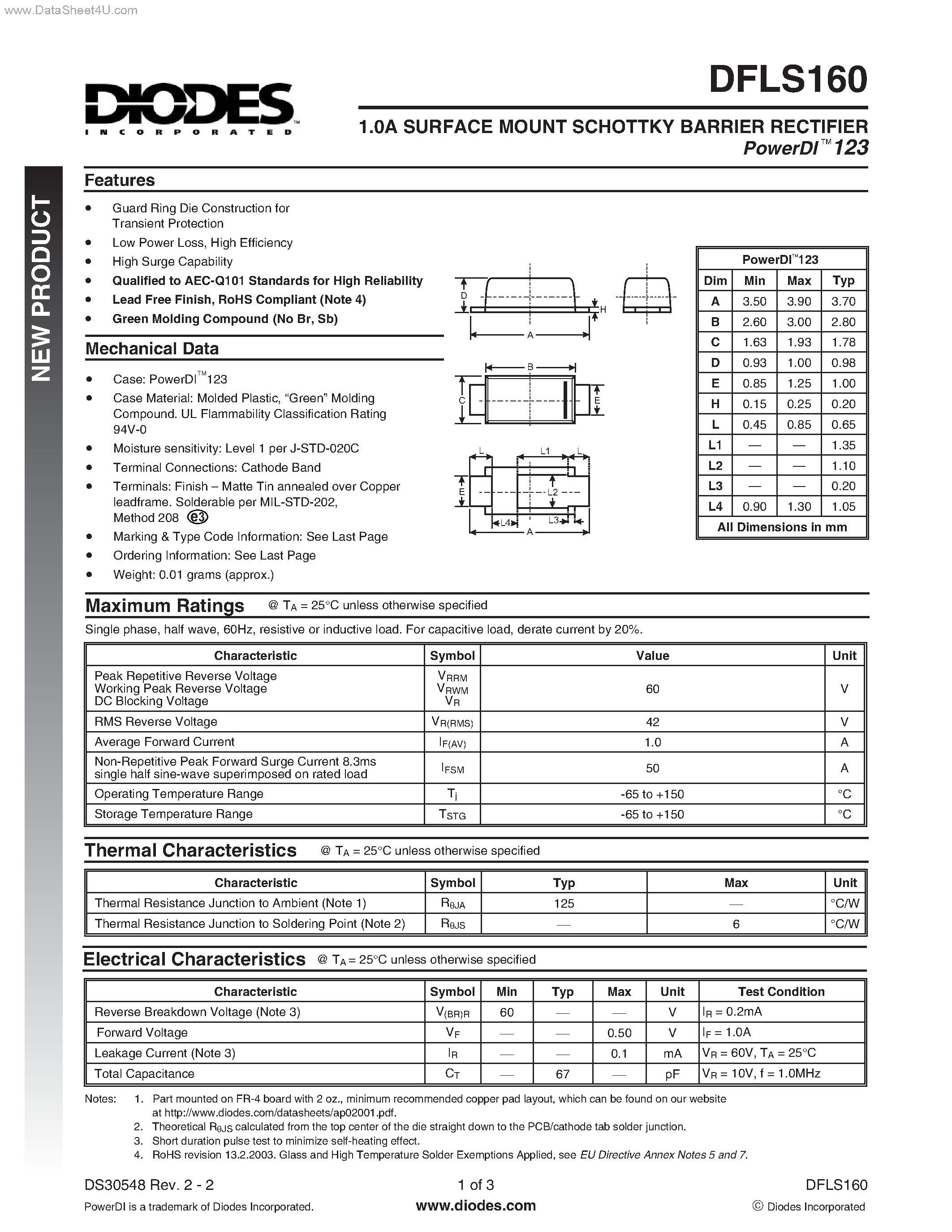 Datasheet DFLS160 page 1 Datasheet DFLS160 - SURFACE MOUNT SCHOTTKY BARRIER RECTIFIER page 1