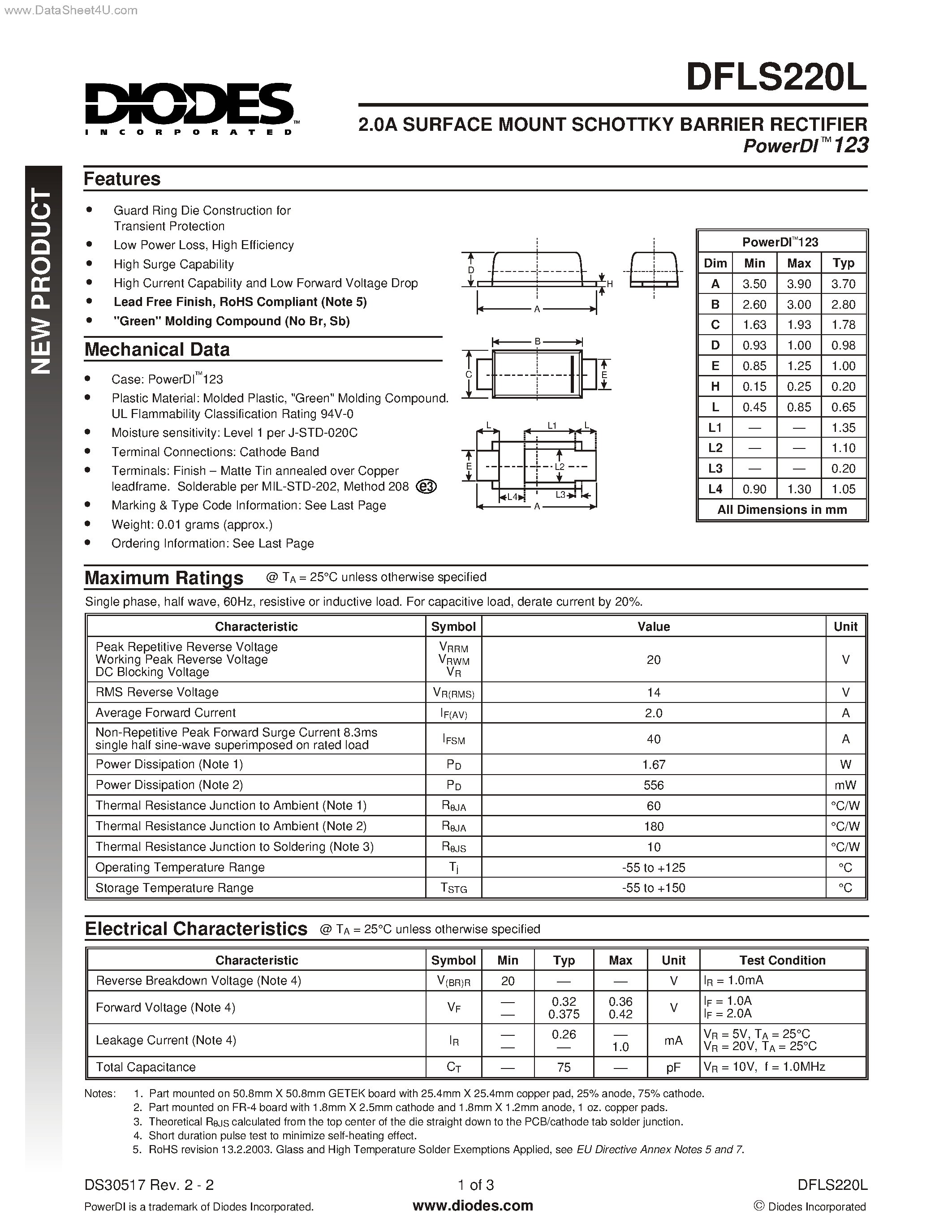 Datasheet DFLS220L page 1 Datasheet DFLS220L - SURFACE MOUNT SCHOTTKY BARRIER RECTIFIER page 1